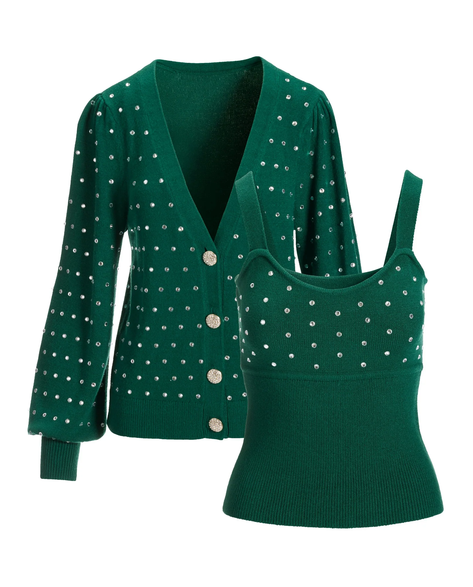 Rhinestone Embellished Button Up Cardigan Set Deep Emerald - Mycitystee