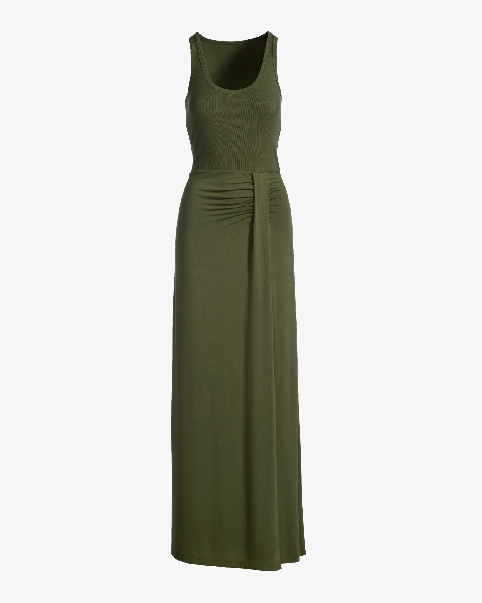 Rib Knit Mixed Media Scoop Neck Slit Maxi Dress Olive Night - Mycitystee