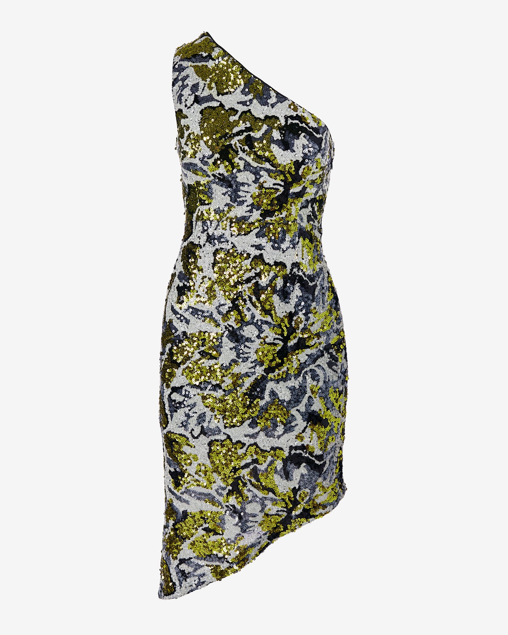 All Over Sequin Patterned One Shoulder Asymmetrical Sheath Dress Silver Multi - Mycitystee