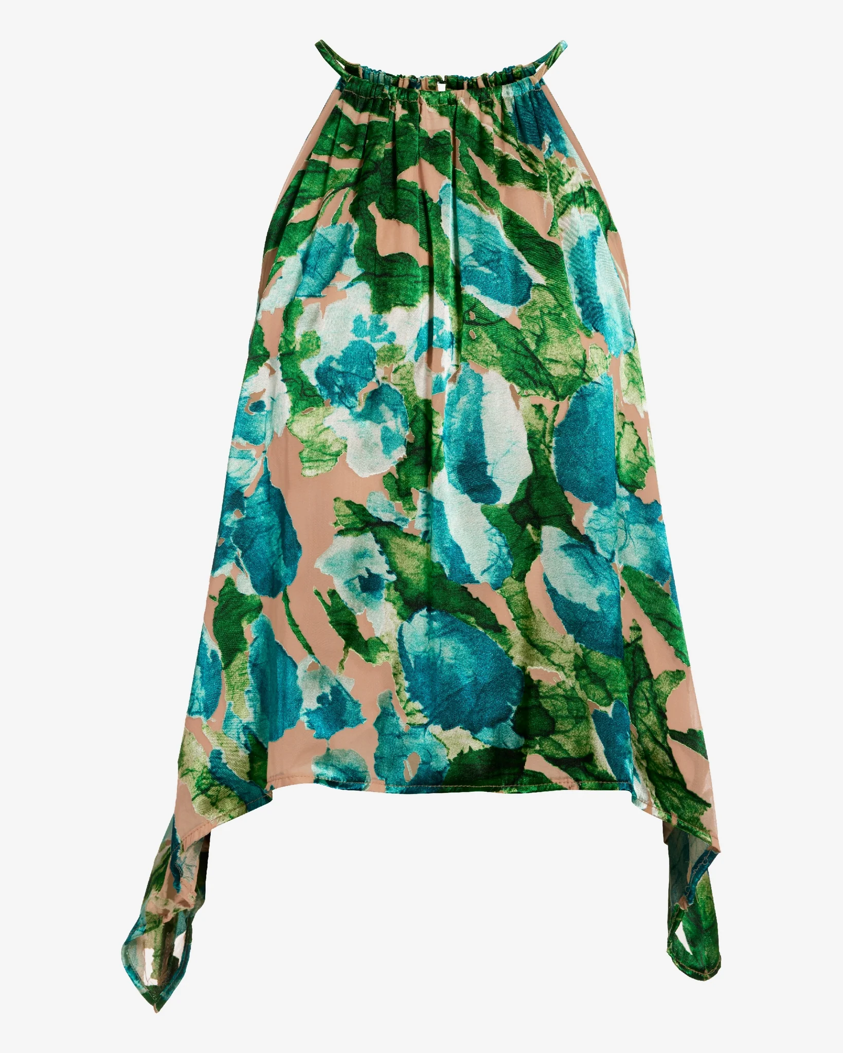 Burnout Print Halter Handkerchief Hem Blouse Blue/Green Multi - Mycitystee