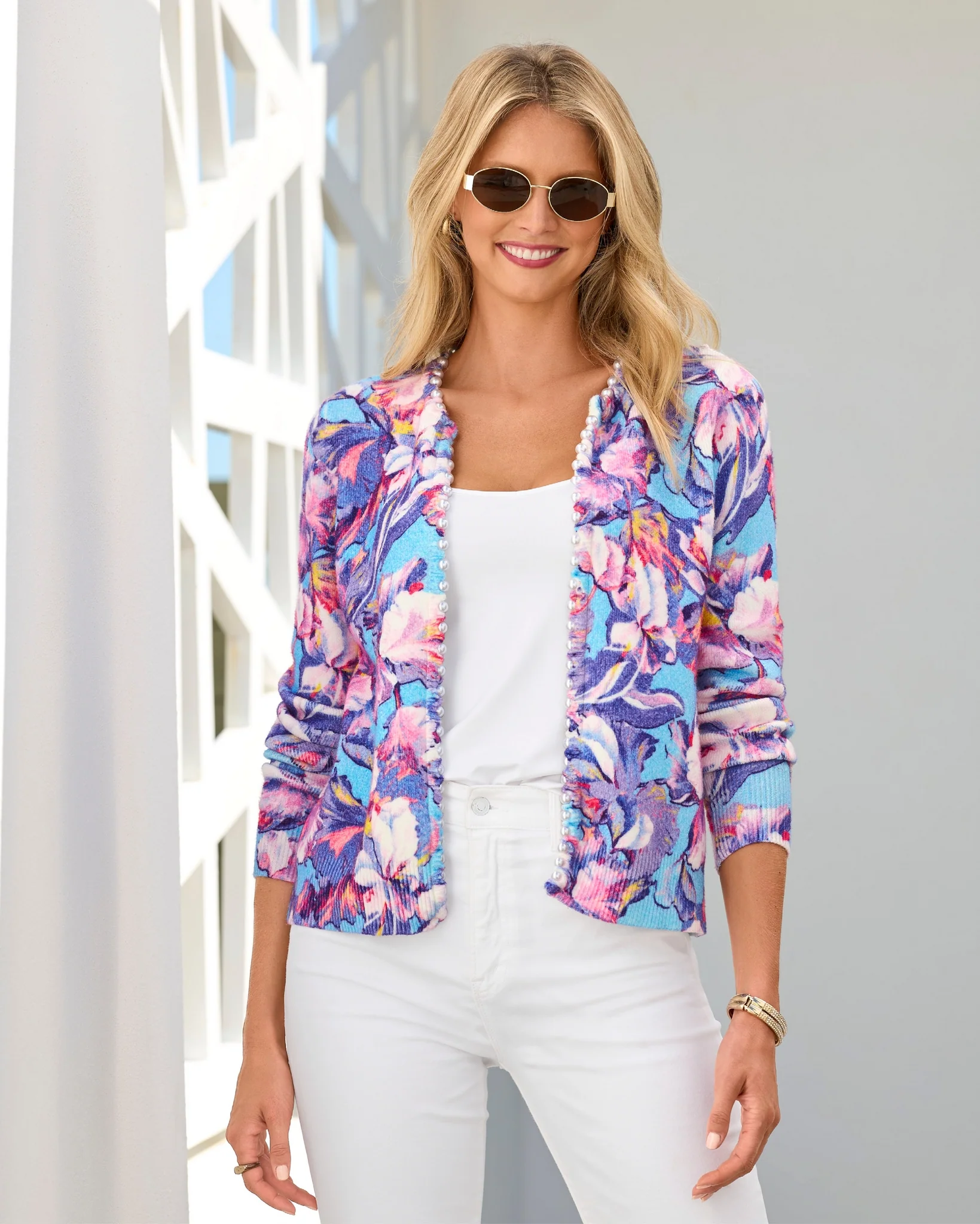 Printed Pearl Trim Cardigan Paris Fleurs - Mycitystee