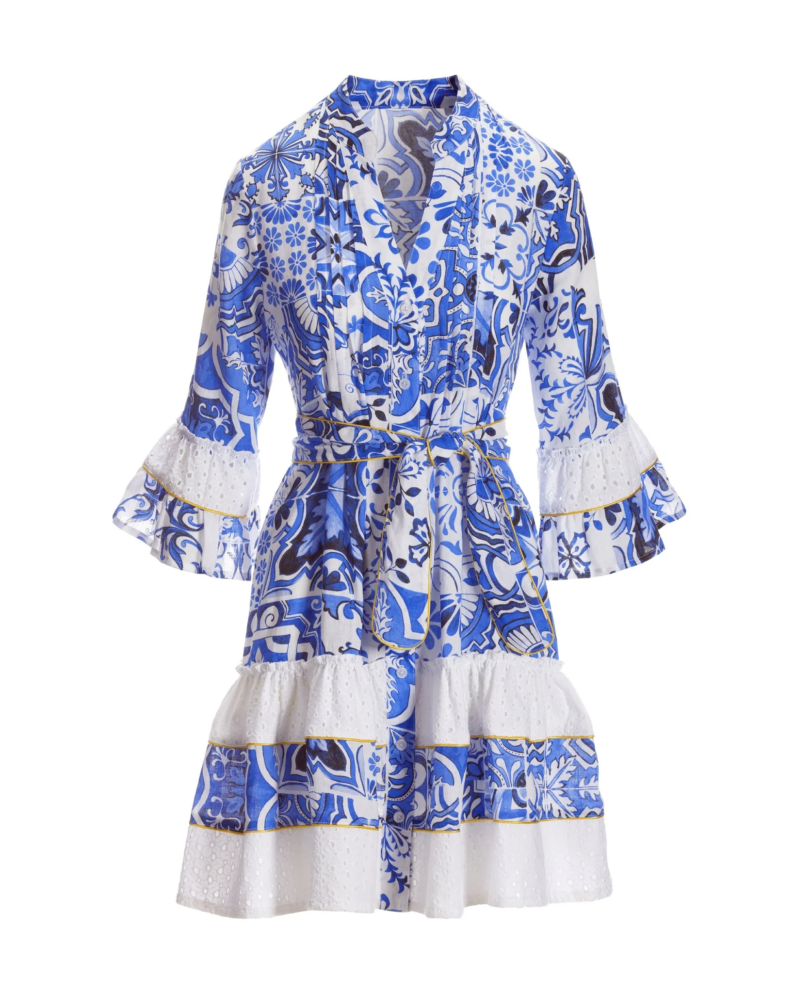 Chic Tiles Print Eyelet-Inset Tiered A-Line Dress Blue - Mycitystee