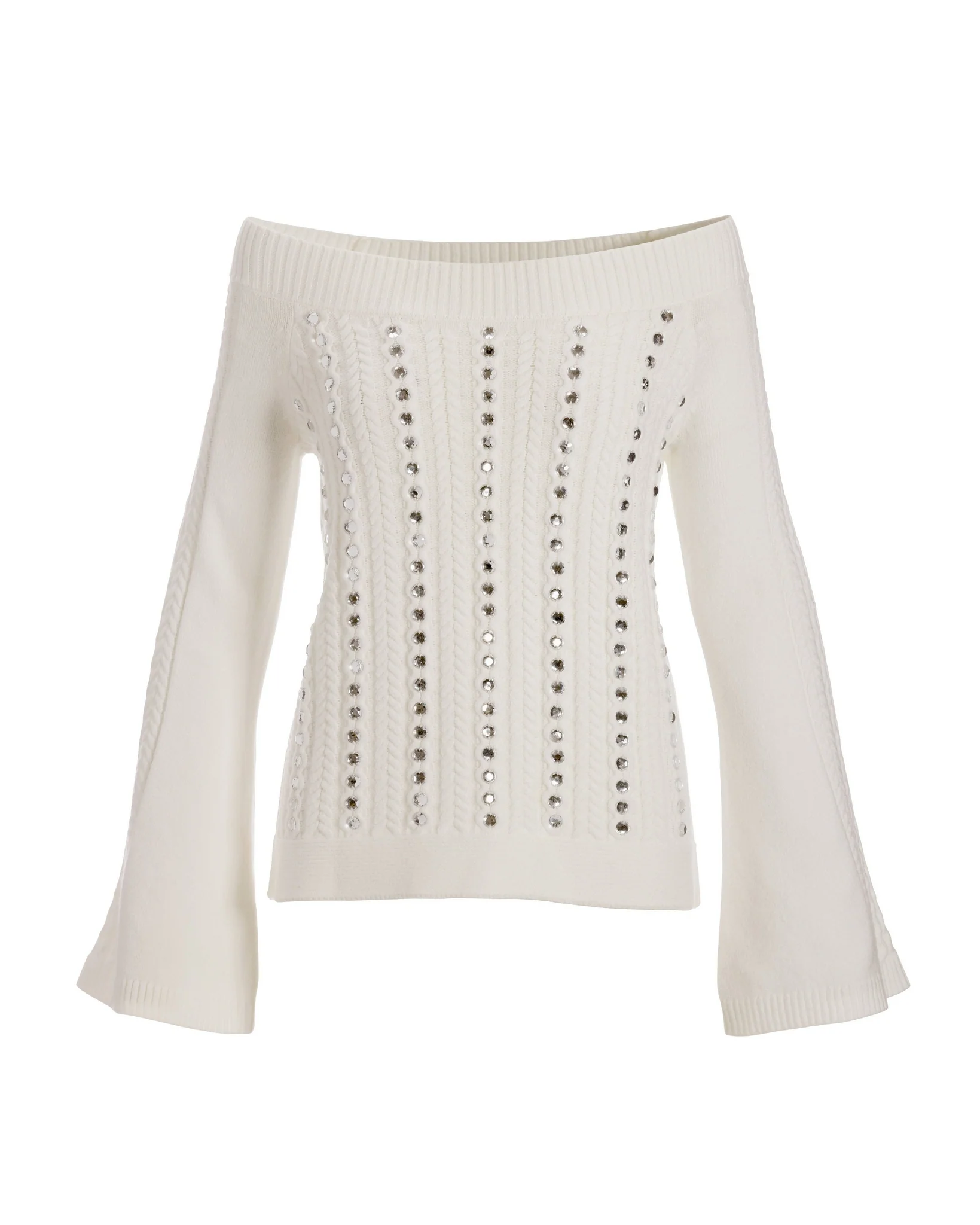 Rhinestone Embellished Off The Shoulder Sweater Off White - Mycitystee