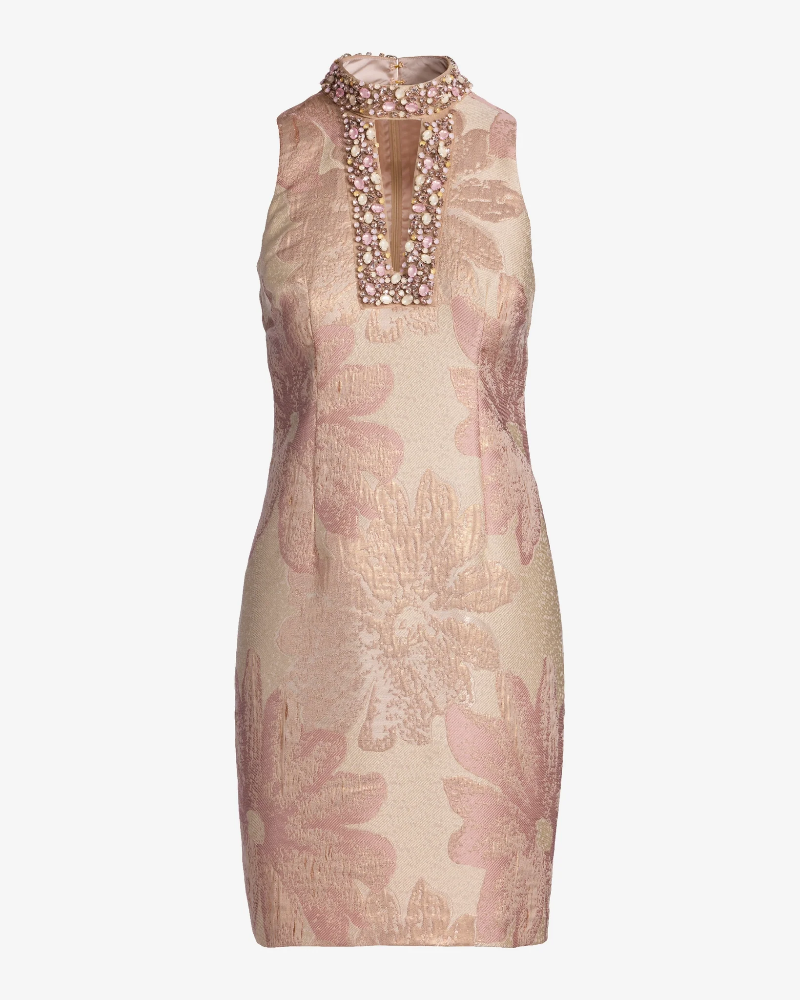 Metallic Floral Jacquard Crystal Embellished Cut Out Sheath Dress Pink/Gold - Mycitystee
