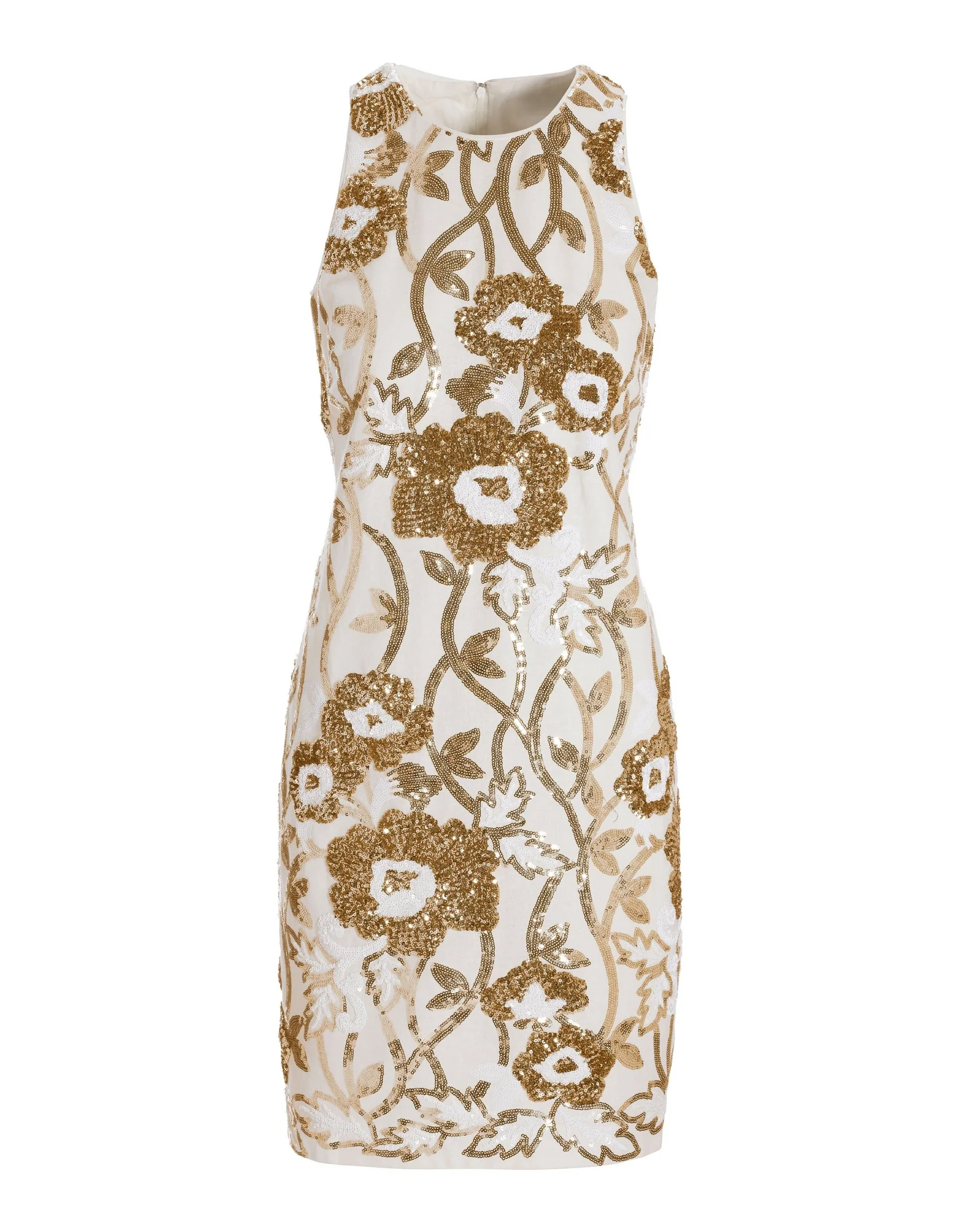 High-Neck Floral Sequin Linen Dress White Multi - Mycitystee