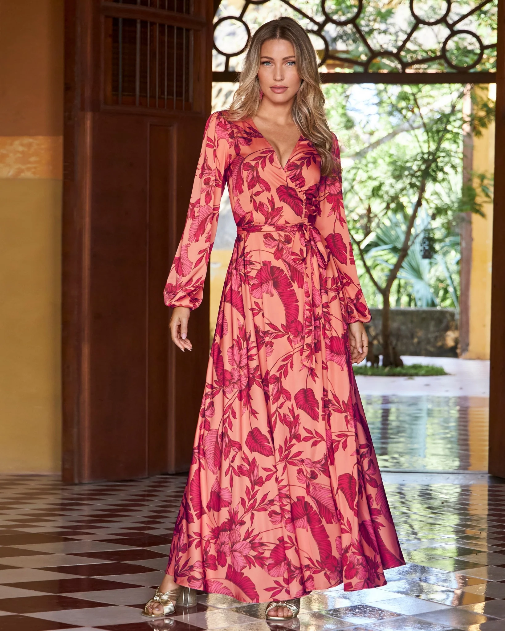 Tropical Nights Print Wrap Maxi Dress Pink - Mycitystee