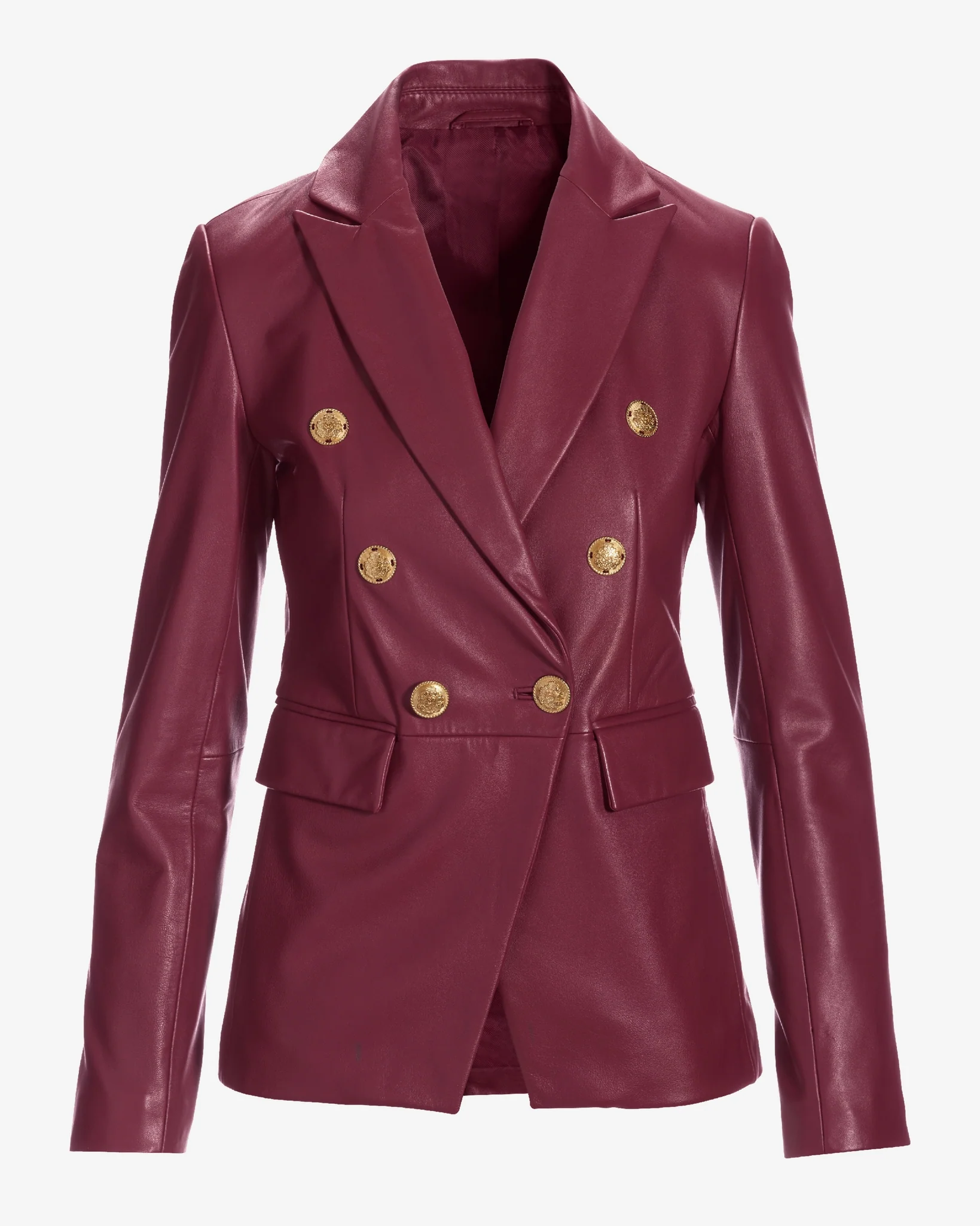 Genuine Leather Double Breasted Blazer Wine - Mycitystee
