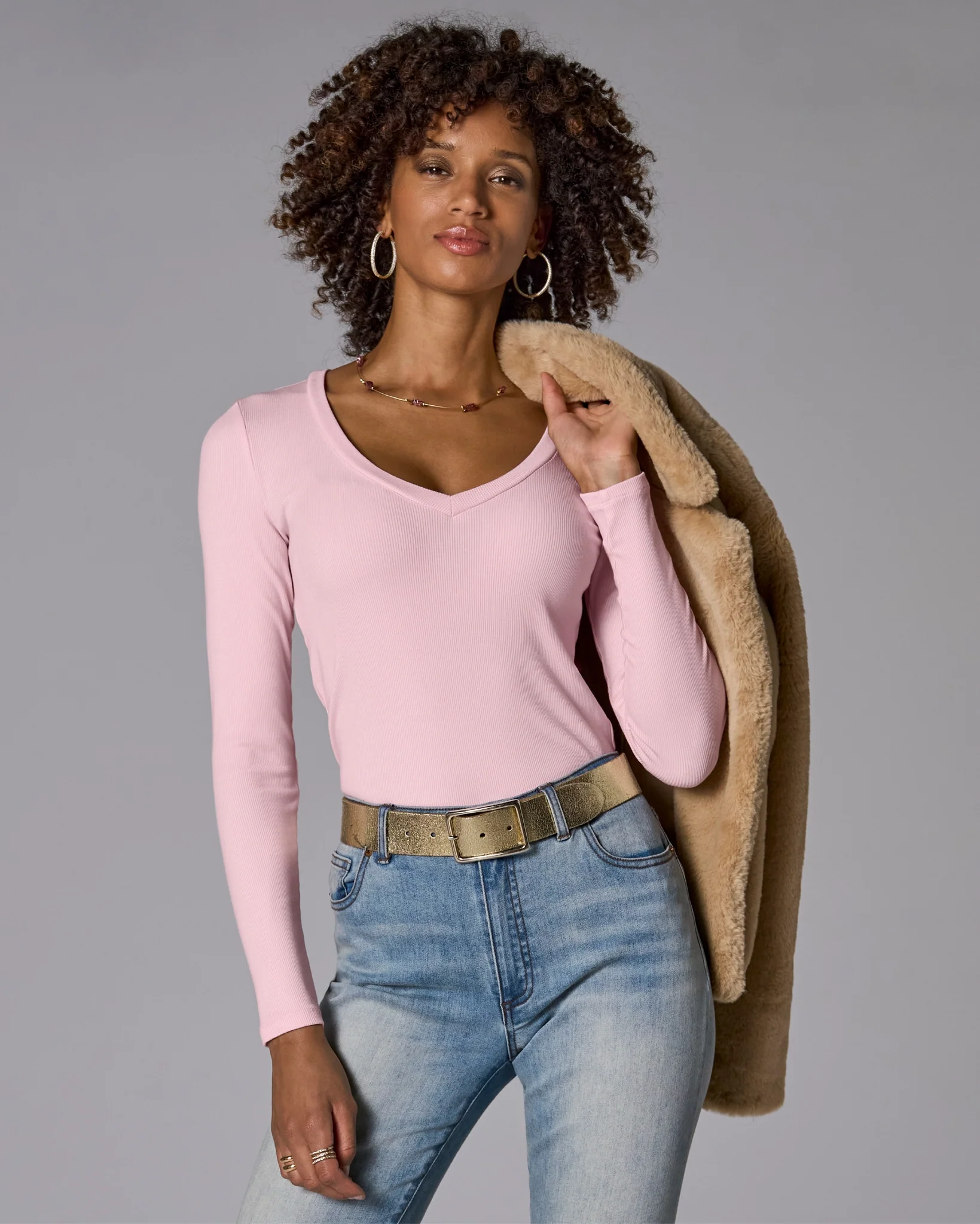 So Essential Ribbed V Neck Long Sleeve Top Soft Pink - Mycitystee