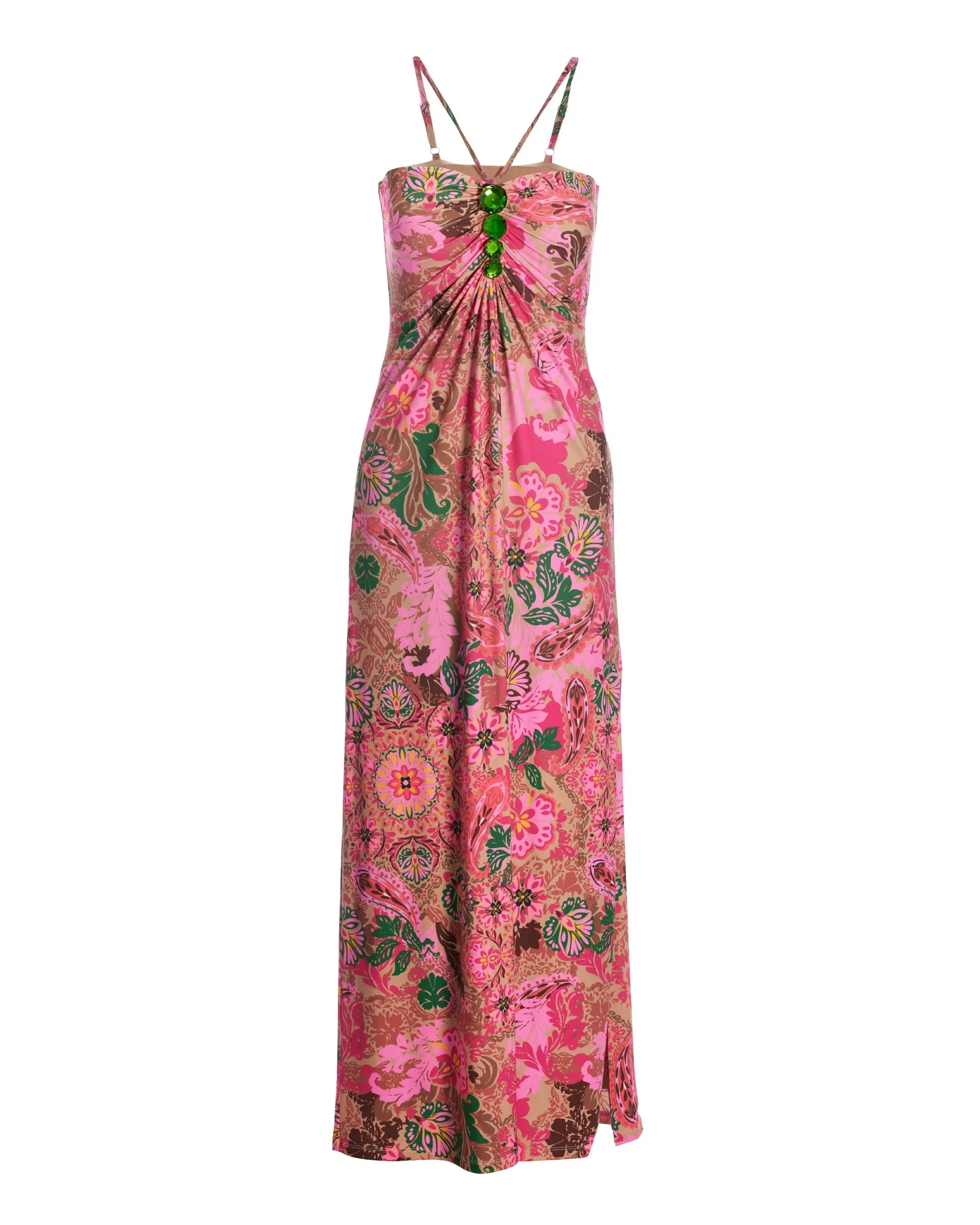 Medallion Dreams Print Gem Detailed Halter Maxi Dress Pink - Mycitystee