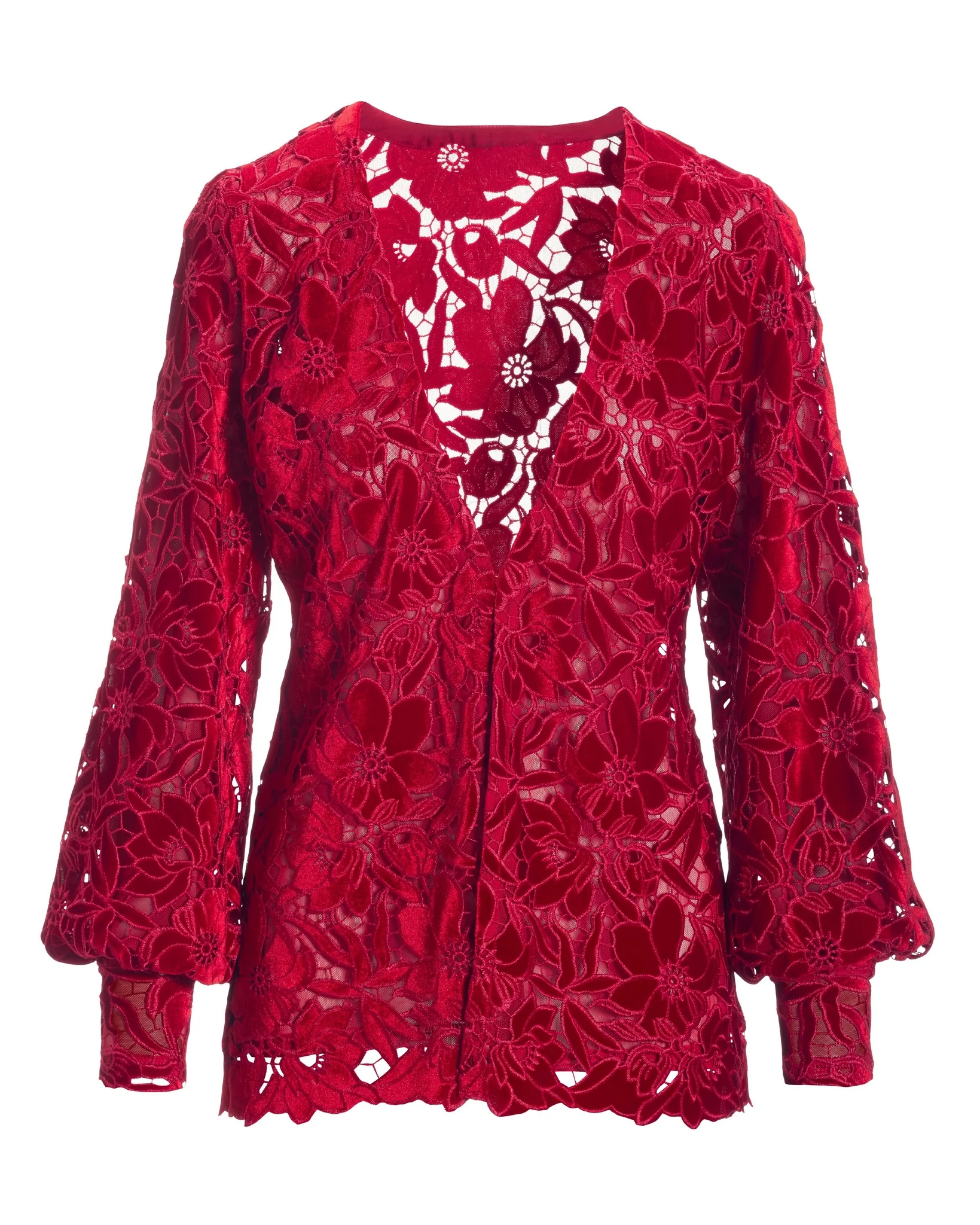 Velvet Floral Lace Hip Length Duster Racing Red - Mycitystee