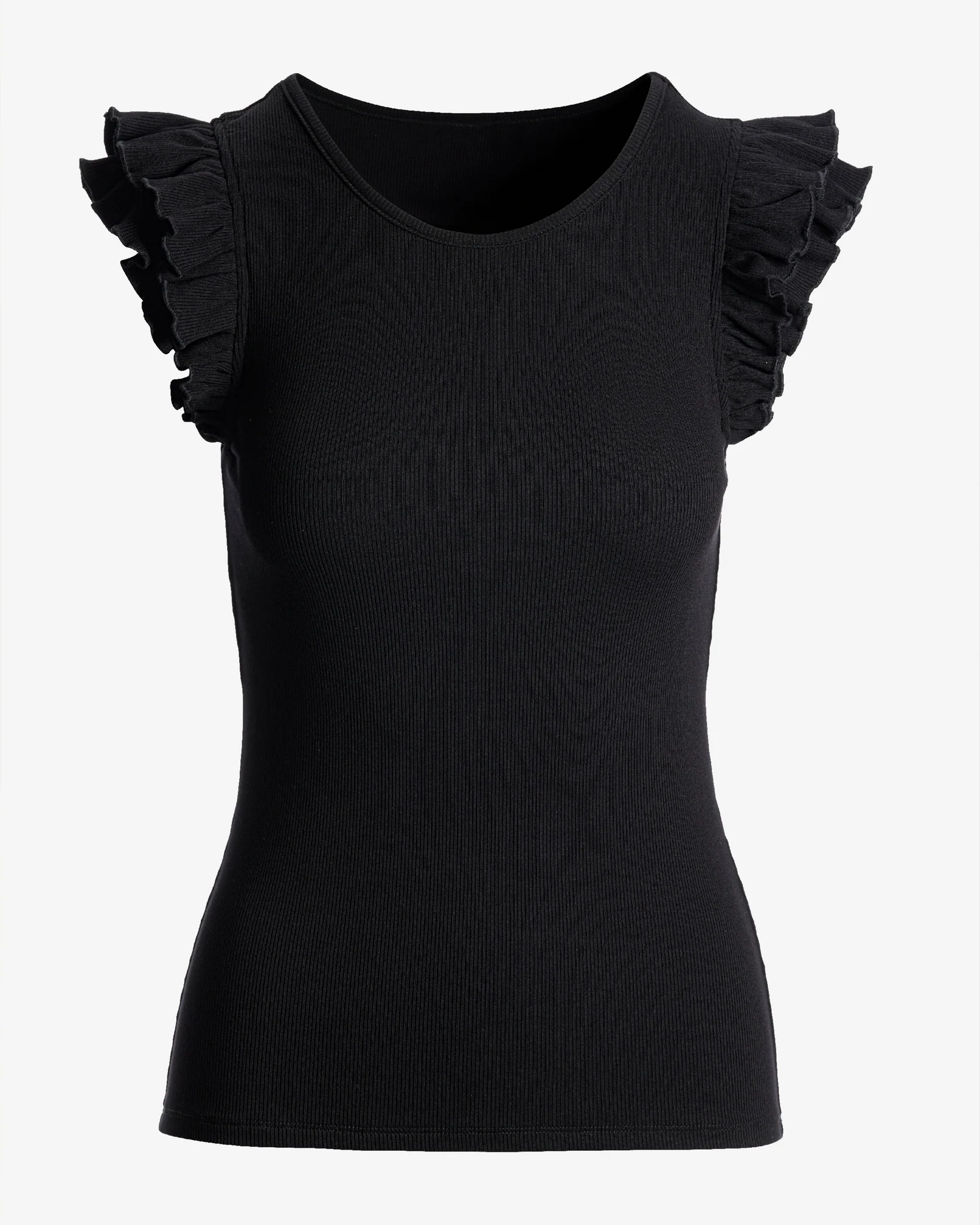 So Essential Rib Ruffle Shoulder Tank Proper Black - Mycitystee
