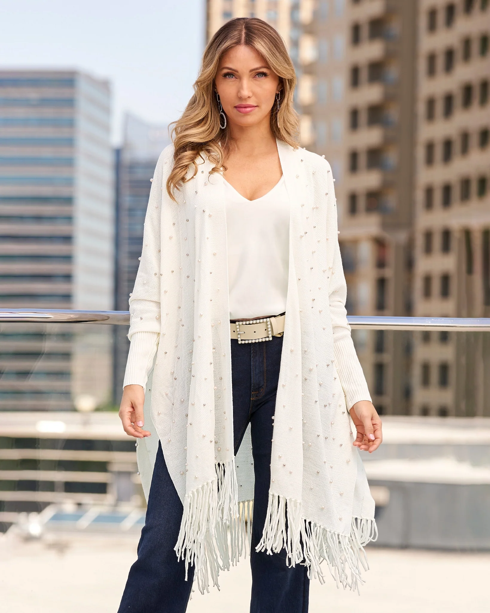 Pearl Embellished Poncho Off White - Mycitystee