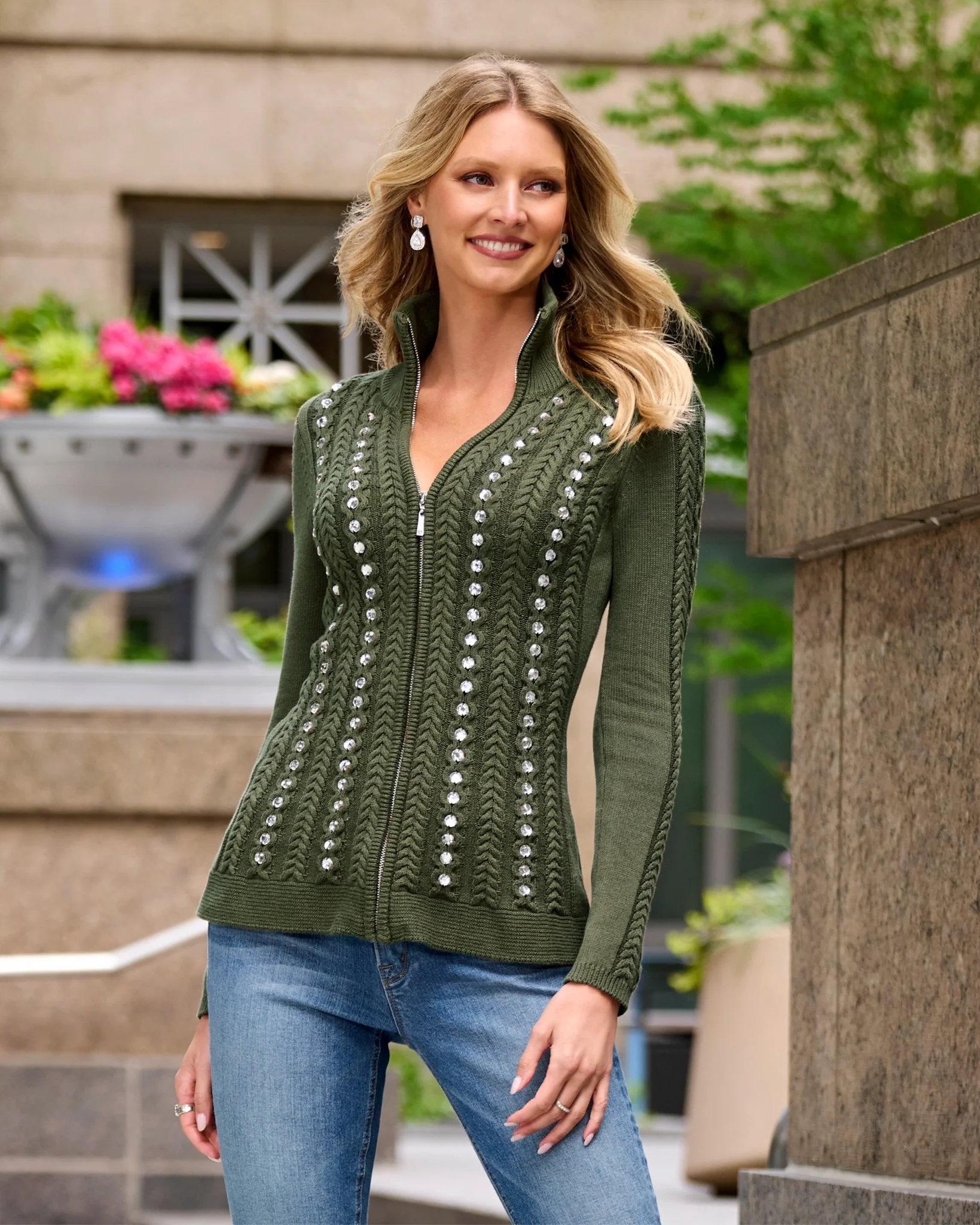 Turtleneck Zip Up Cable Embellished Cardigan Sweater Olive Night - Mycitystee