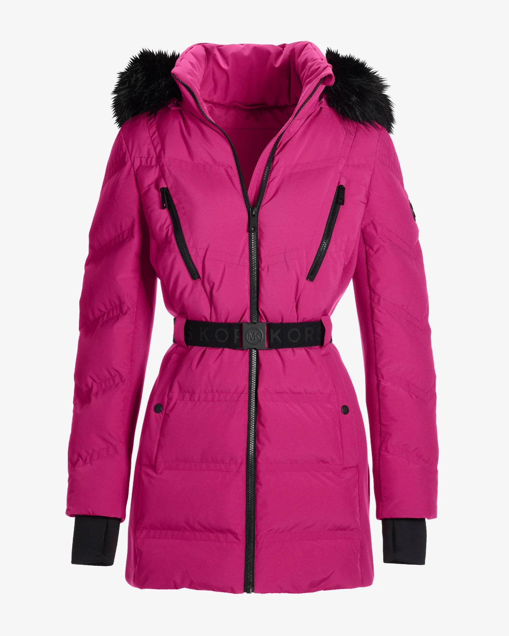 Faux Fur Trim Shaped Belted Puffer Jacket Fuchsia - Mycitystee