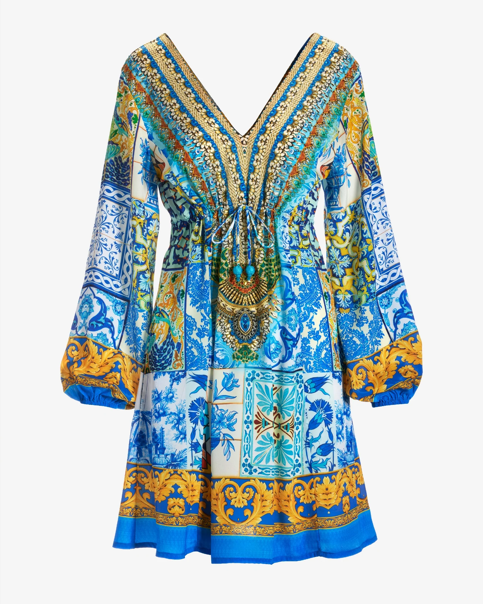 Embellished Tile Print Tassel Long Sleeve A Line Dress Blue Multi - Mycitystee