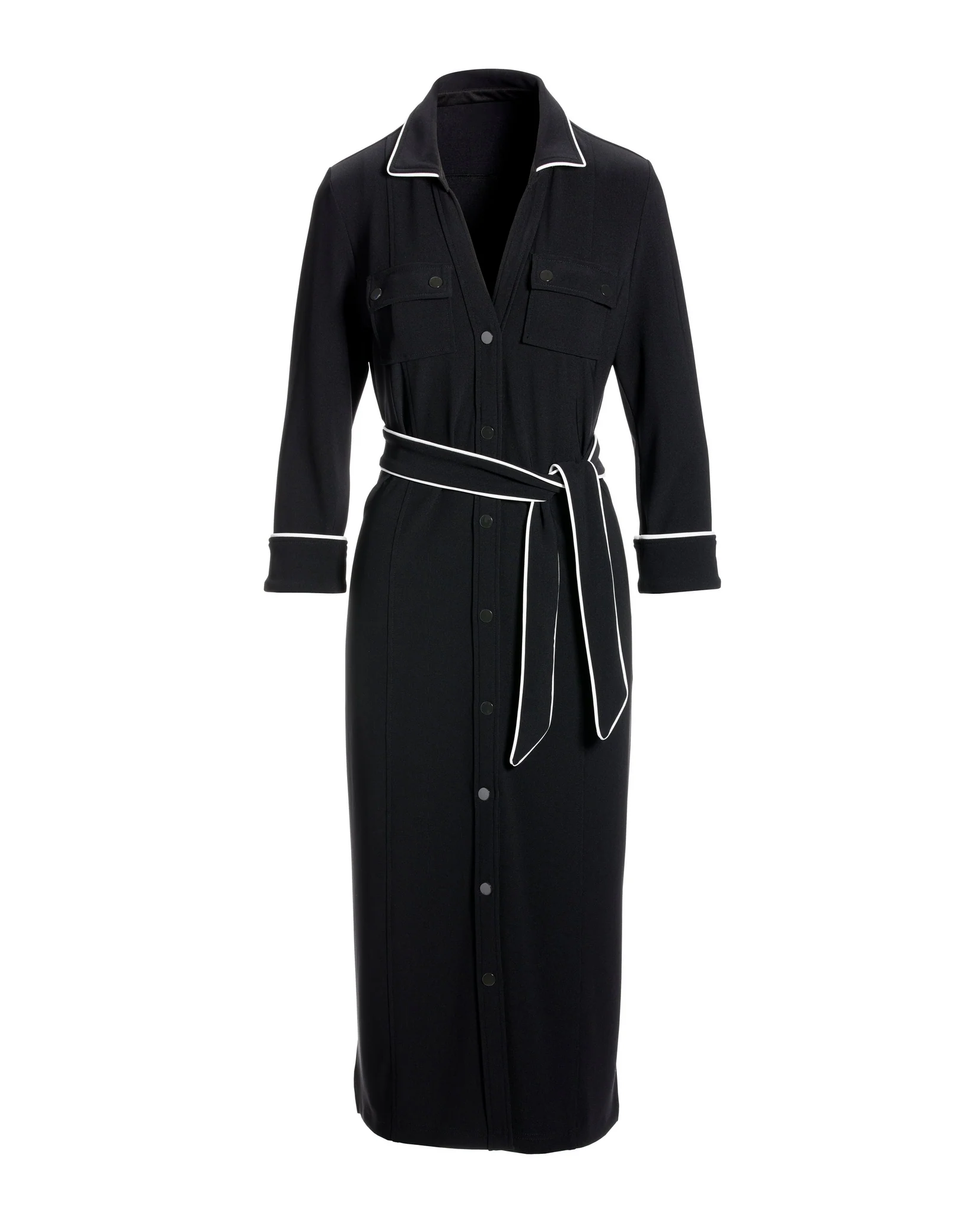 Beyond Travel Piped Button Front Collared Midi Dress Jet Black Ivory Coast - Mycitystee
