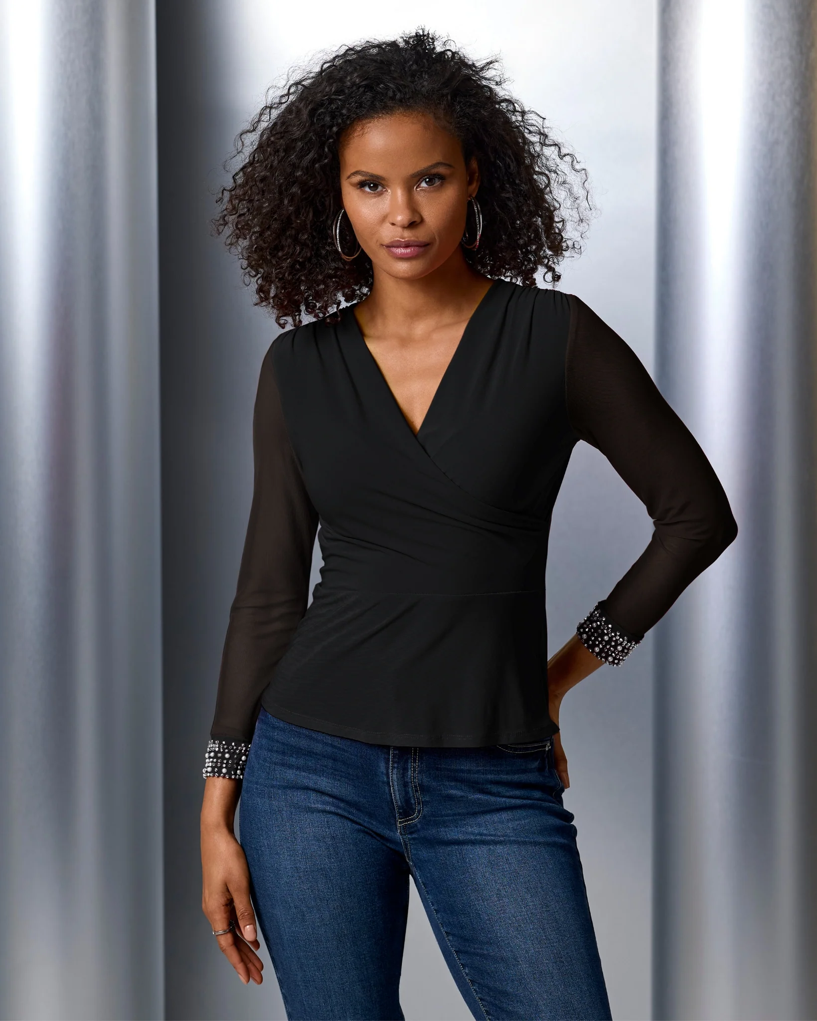 Pearl and Rhinestone Embellished Sleeve Surplice Knit Black - Mycitystee