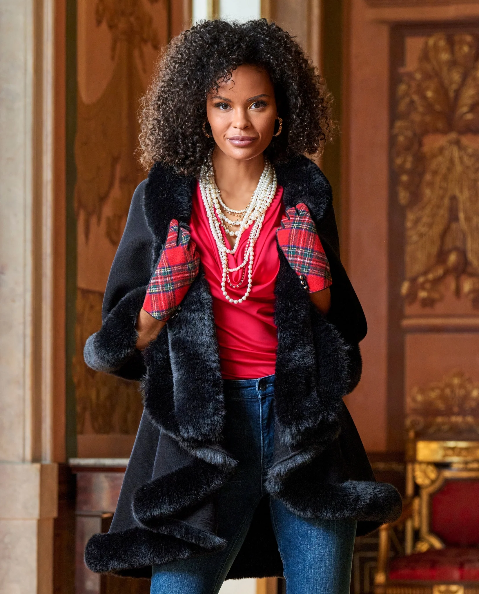 Tiered Faux Fur Trim Poncho Black - Mycitystee