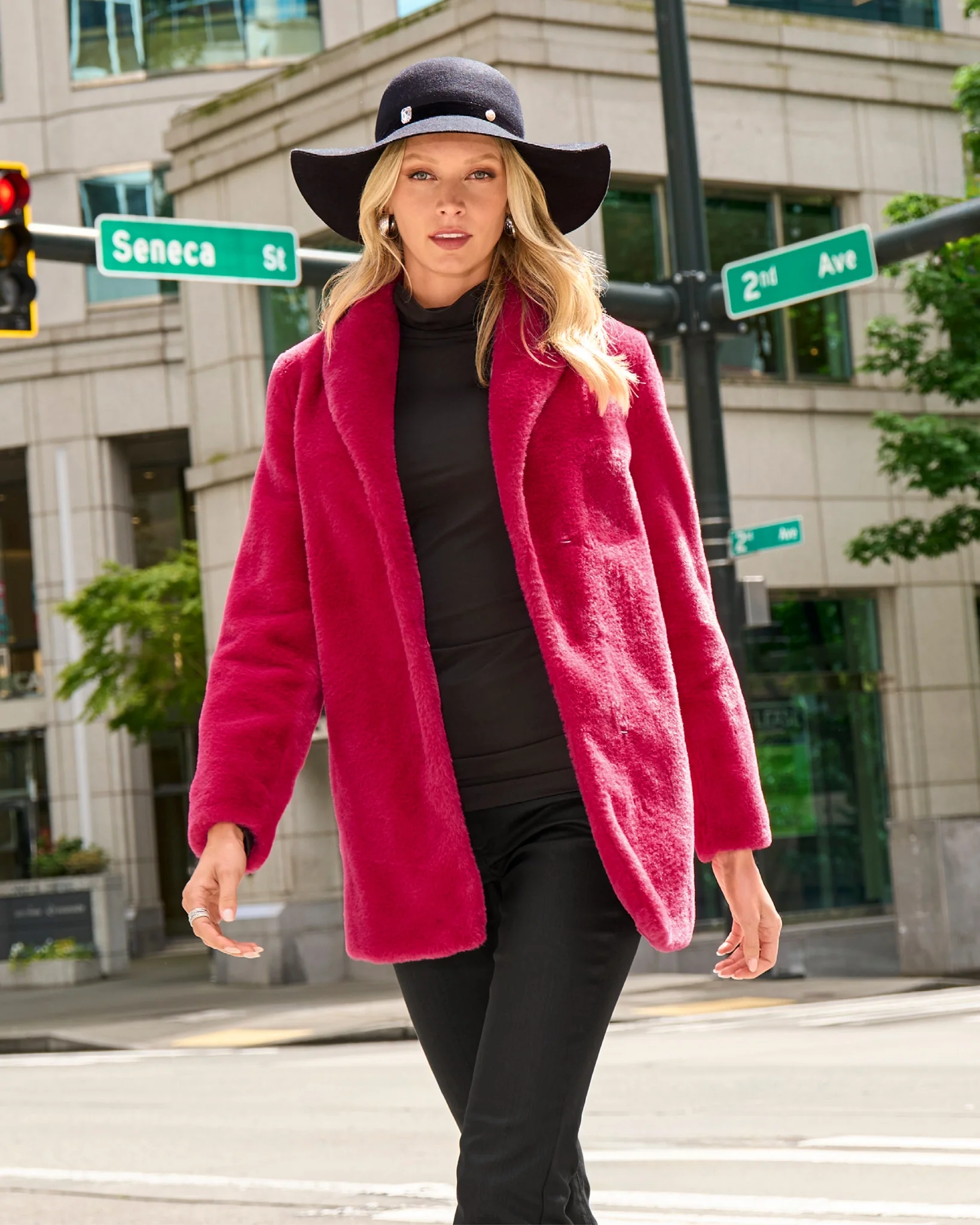 Shawl Collar Faux Fur Coat Cerise - Mycitystee
