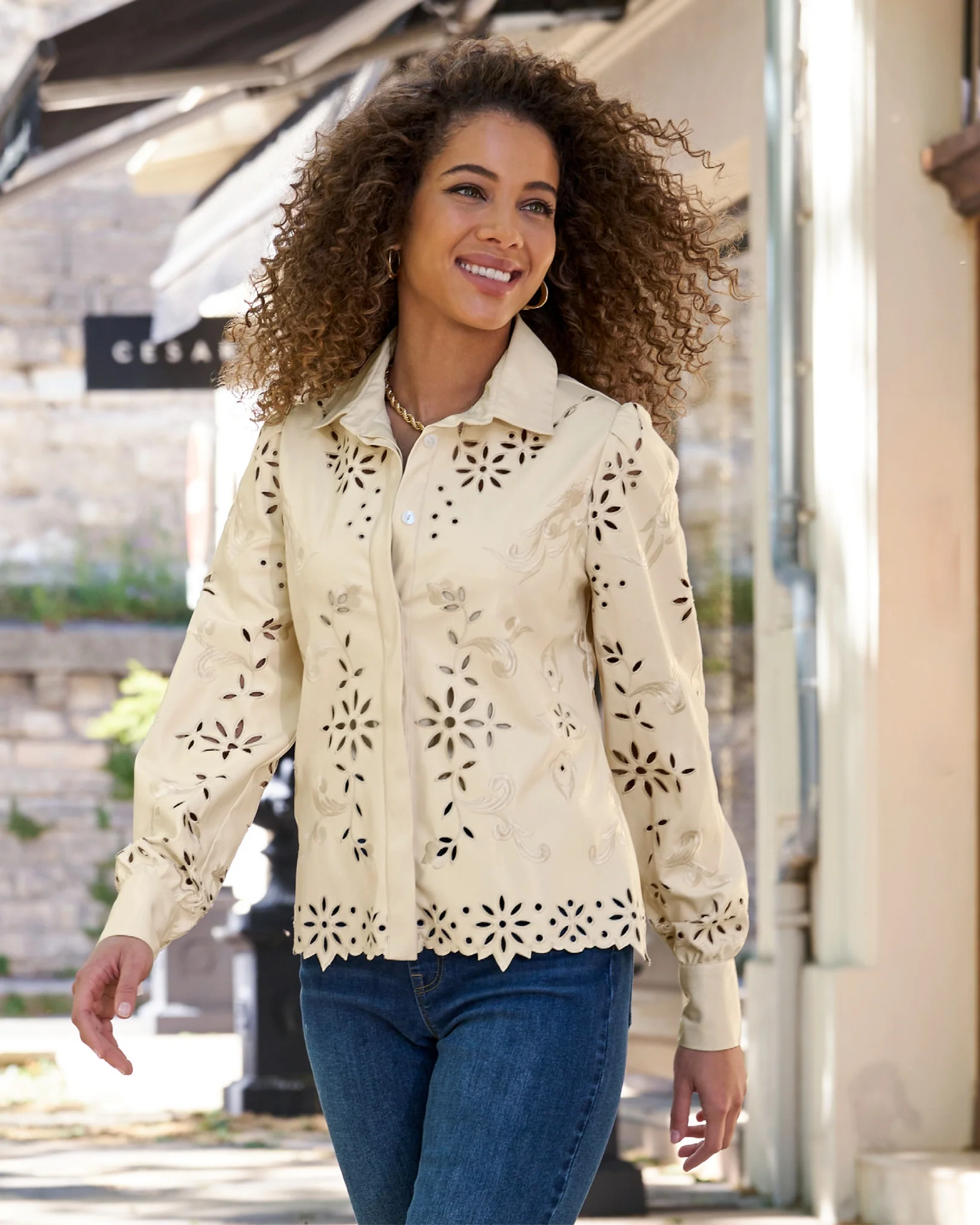 Faux Leather Laser Cut Button Up Shirt Ecru - Mycitystee