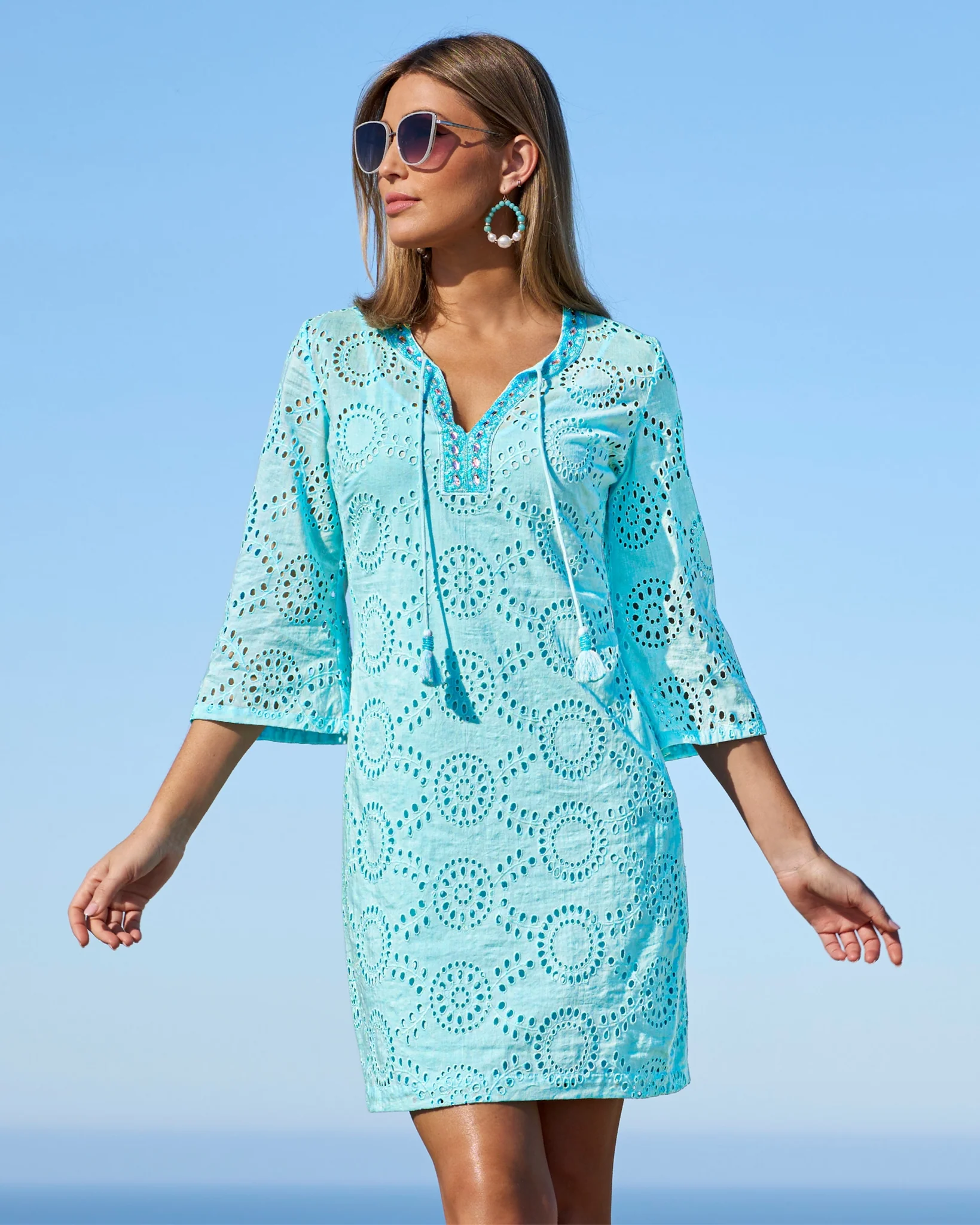 Eyelet Embellished Tunic Dress Tanager Turquoise - Mycitystee