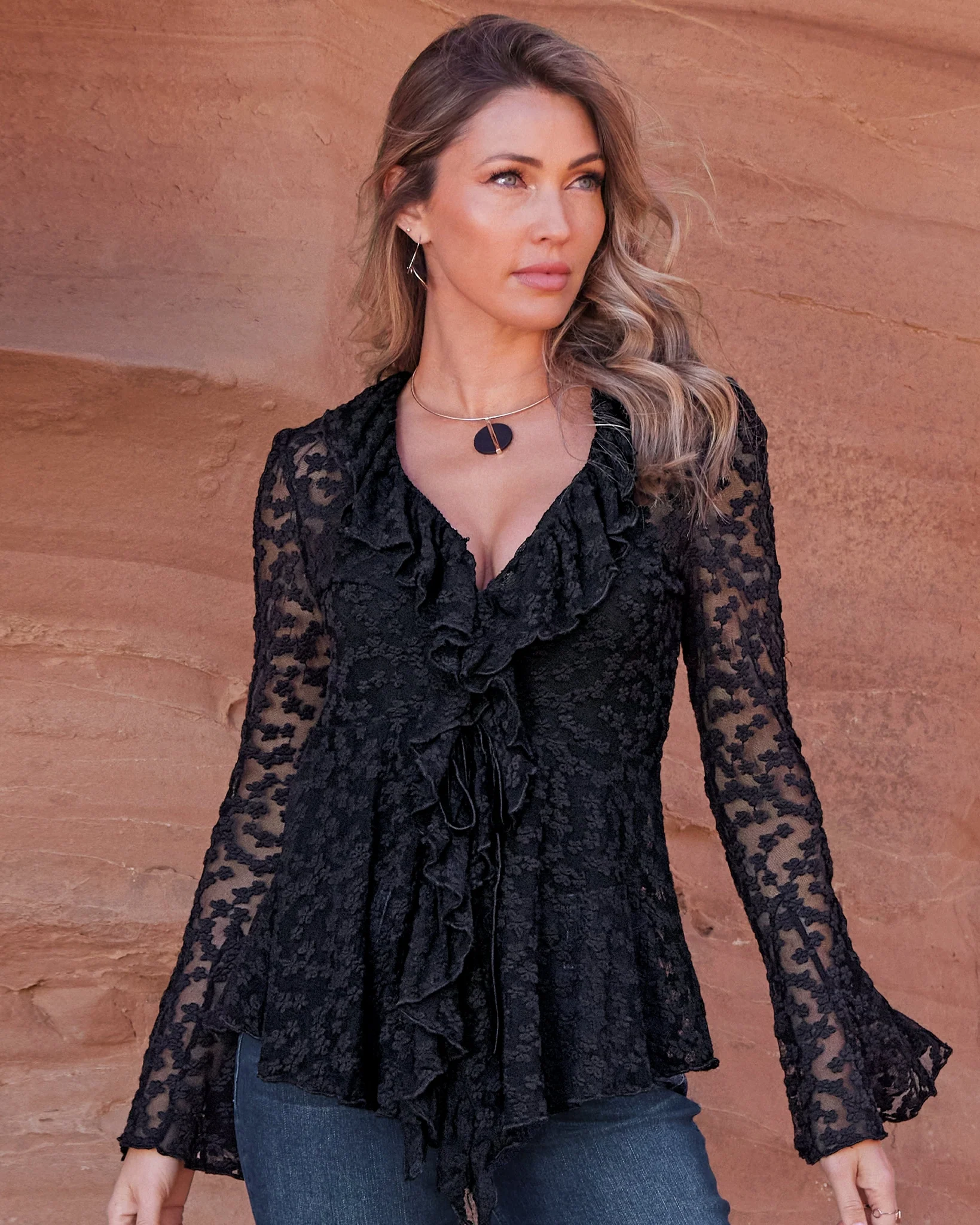 Lace Knit Ruffle Tunic Black - Mycitystee