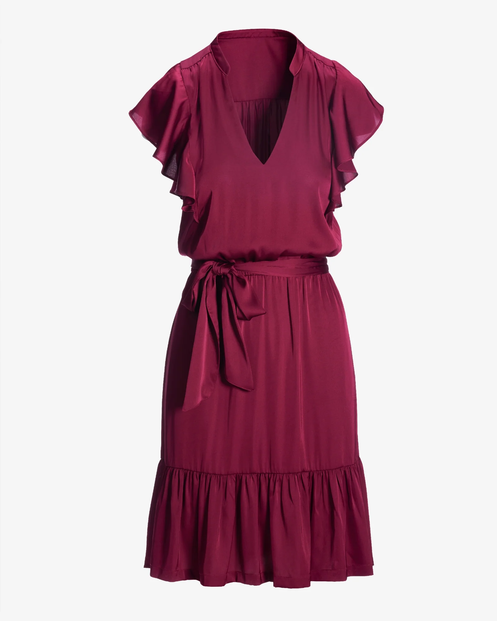 Tie Waist Ruffle Detail Charmeuse Dress Cabernet - Mycitystee