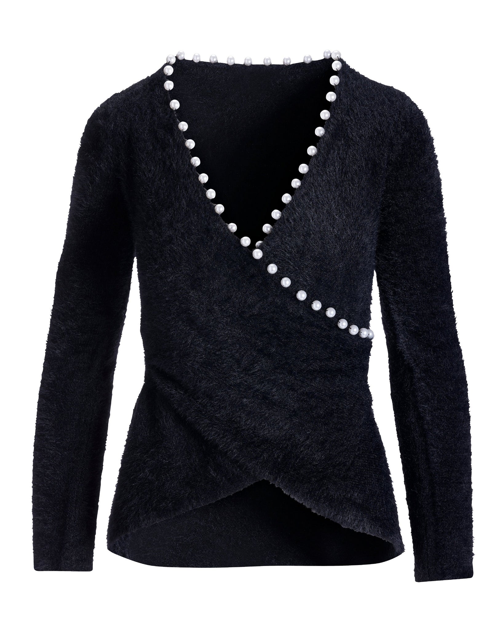 Pearl Trim Plush Surplice Sweater Black - Mycitystee