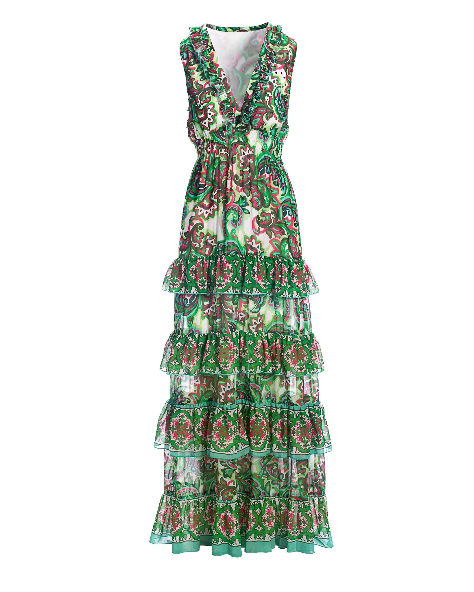 Palma De Scrolls Print Ruffle Tiered Maxi Dress Pink/Green - Mycitystee
