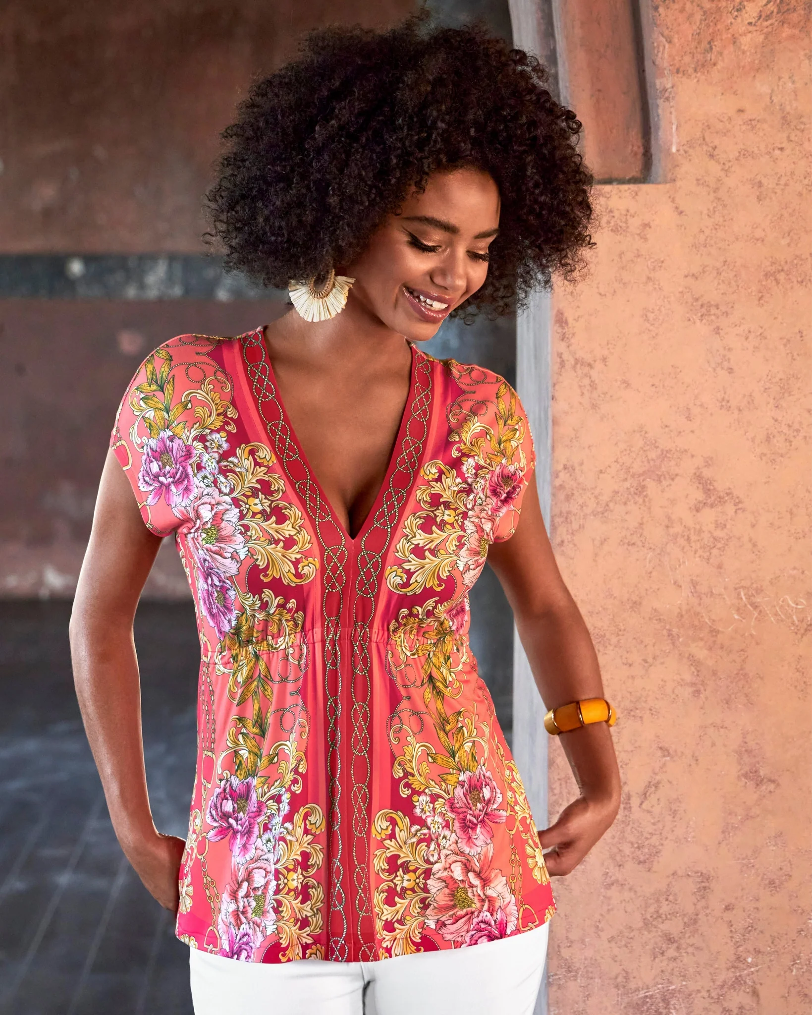 Status Printed Drawstring Knit Top Orange Multi - Mycitystee