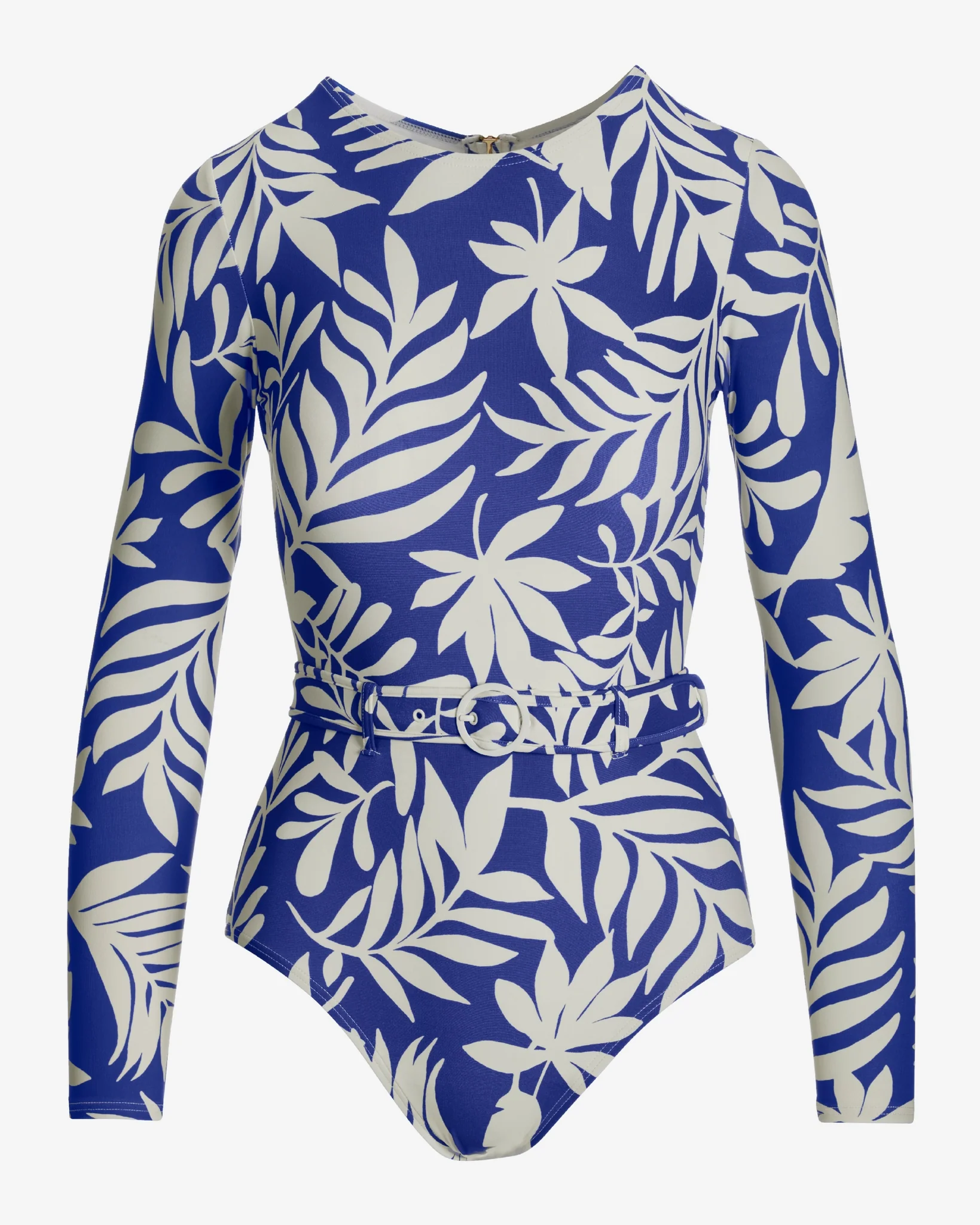Printed Belted Rashguard One Piece Blue White - Mycitystee
