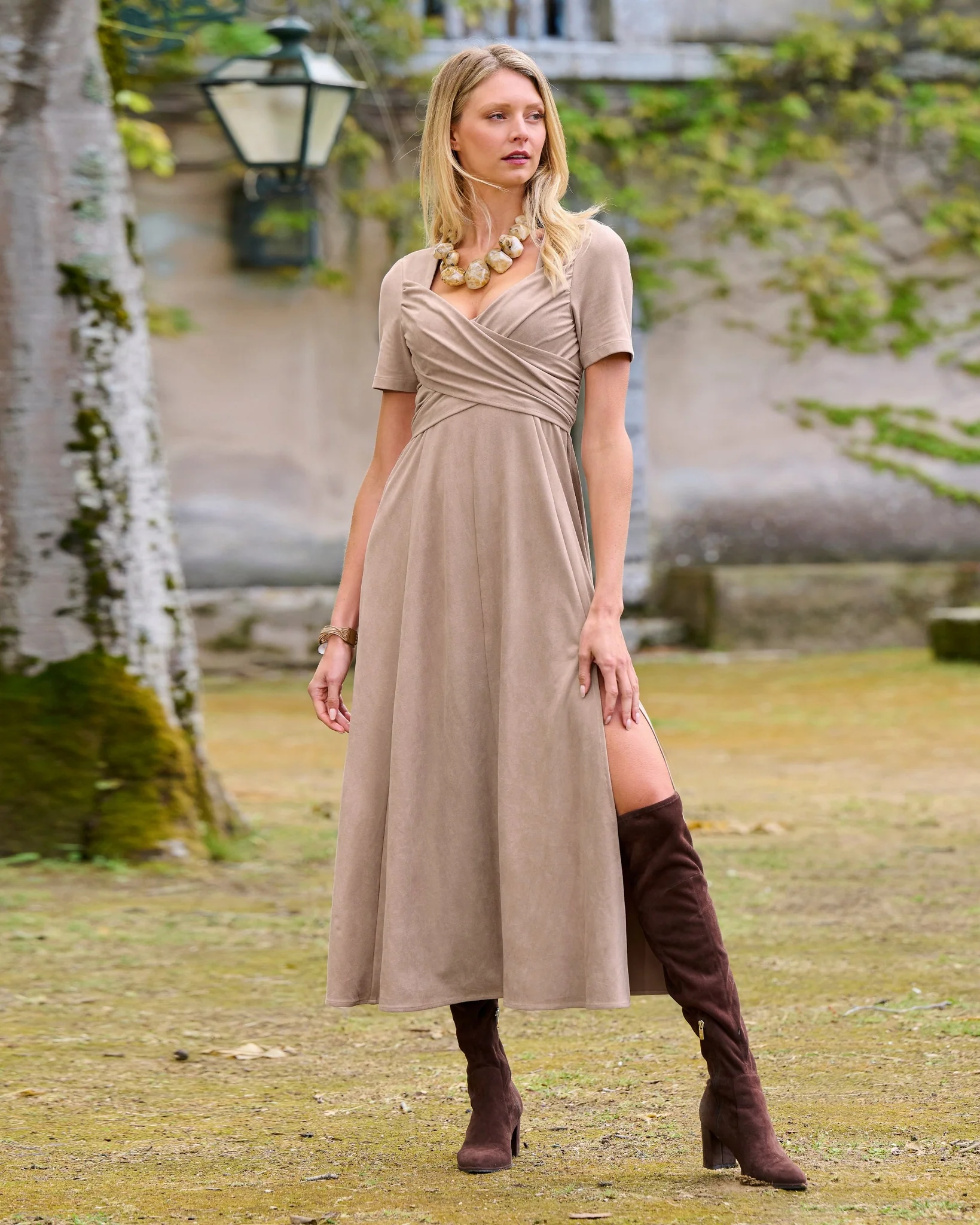 Short Sleeve Faux Suede Slit Midi Tan - Mycitystee
