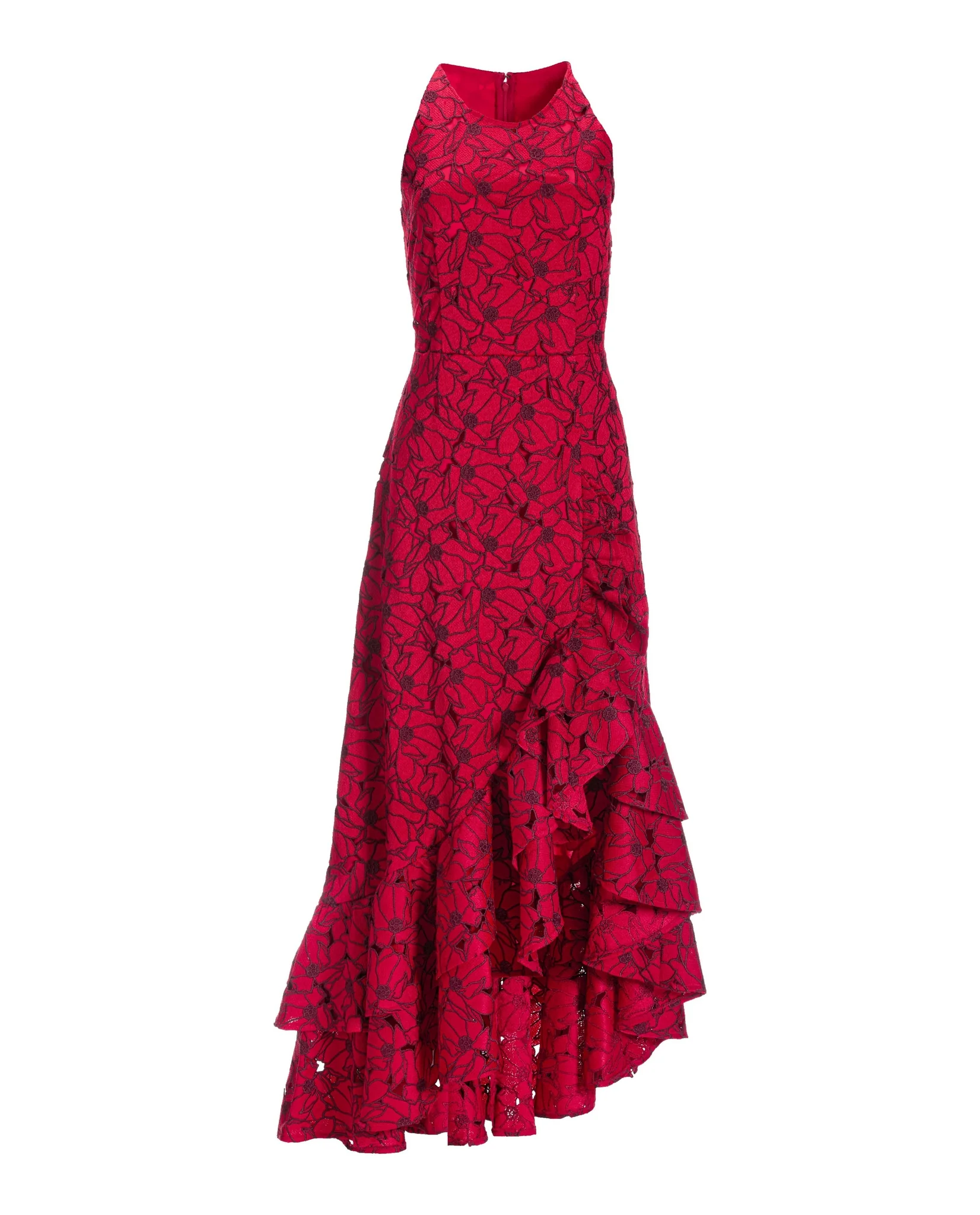 High-Neck Lace Ruffle Gown Racing Red - Mycitystee