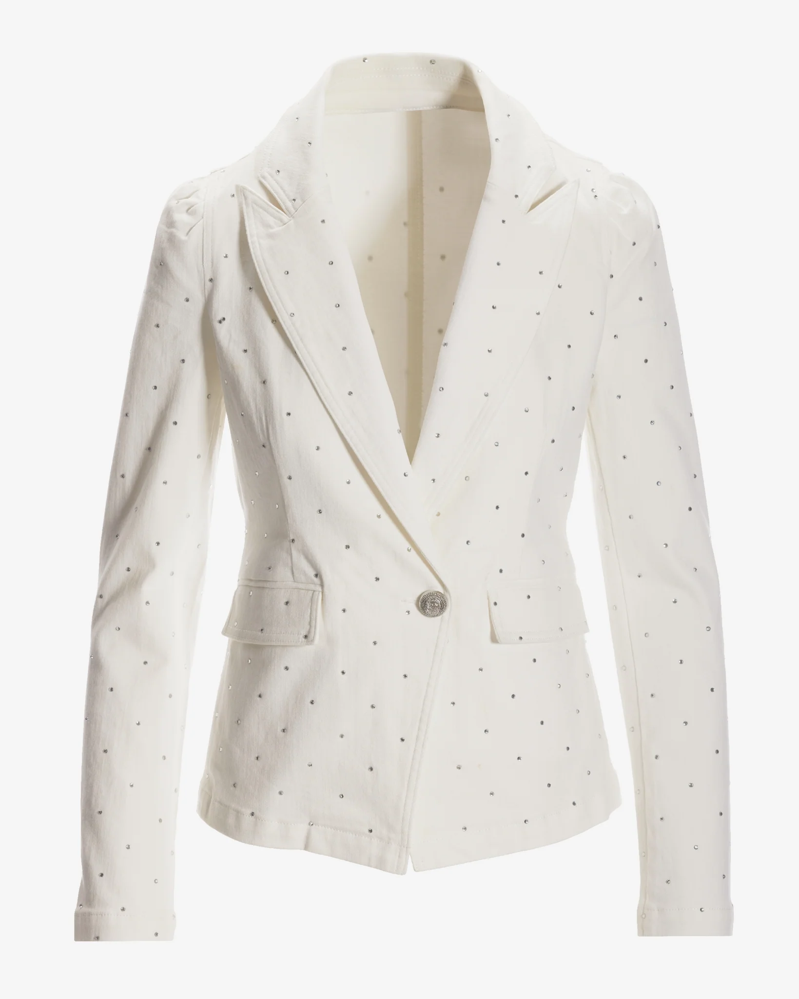 Rhinestone Embellished Puff Sleeve Single Button Denim Blazer White - Mycitystee