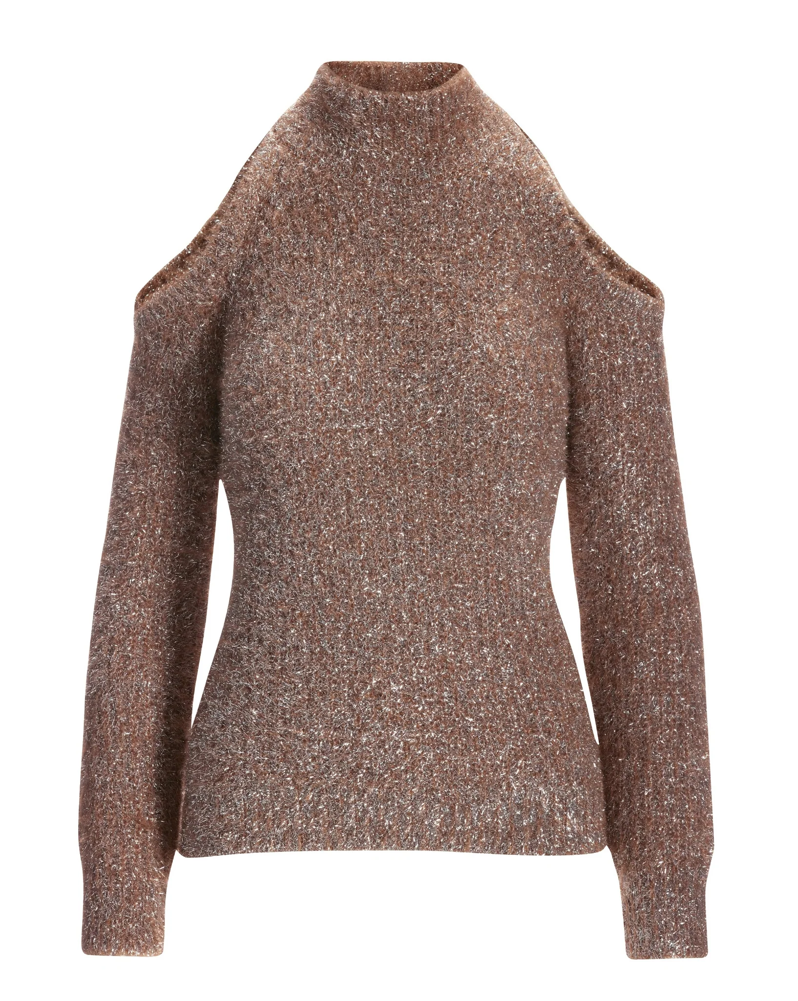 Metallic Plush Cold Shoulder Sweater Natural/Silver - Mycitystee