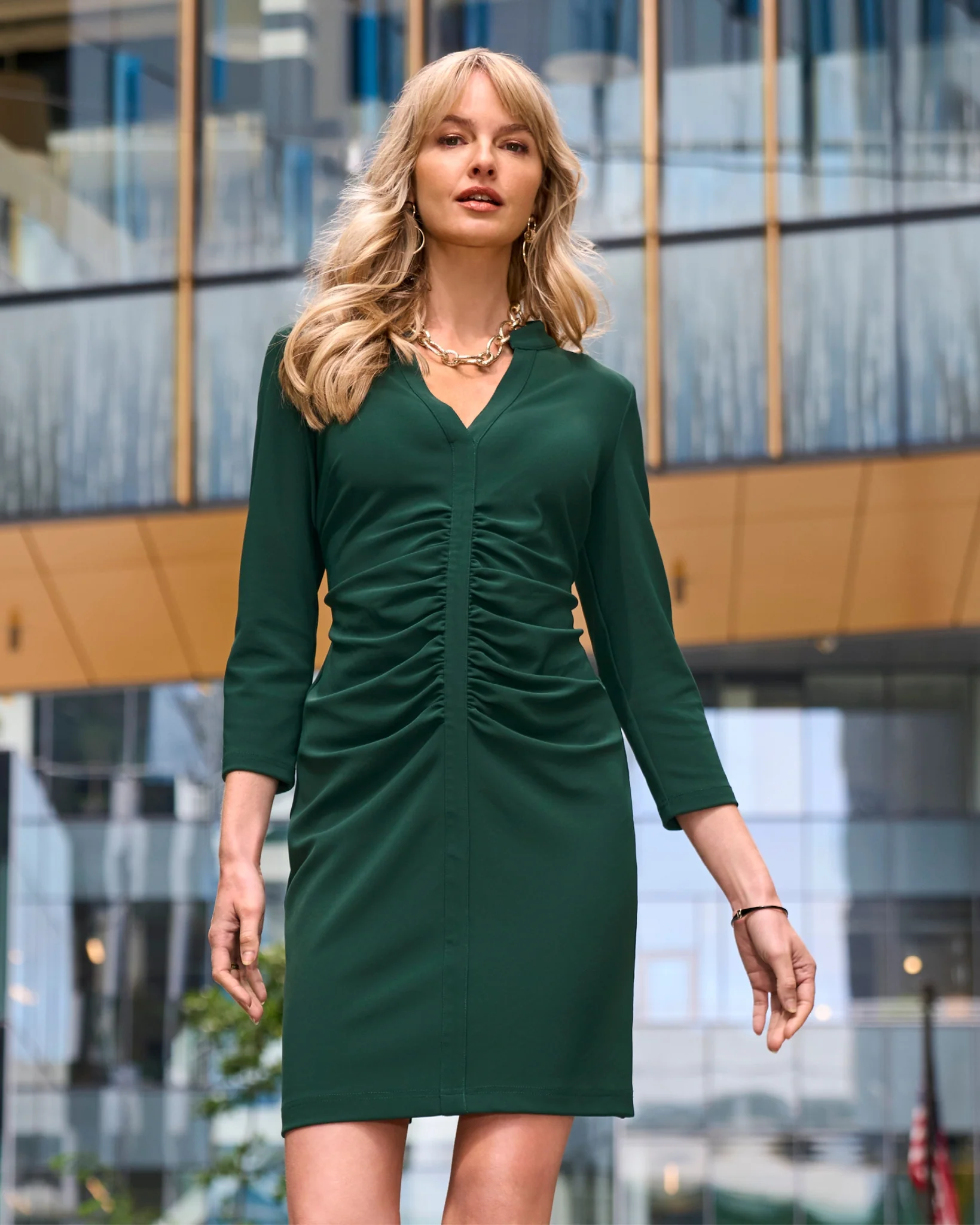 Beyond Travel Long Sleeve Ruched Short Dress Pine Grove - Mycitystee