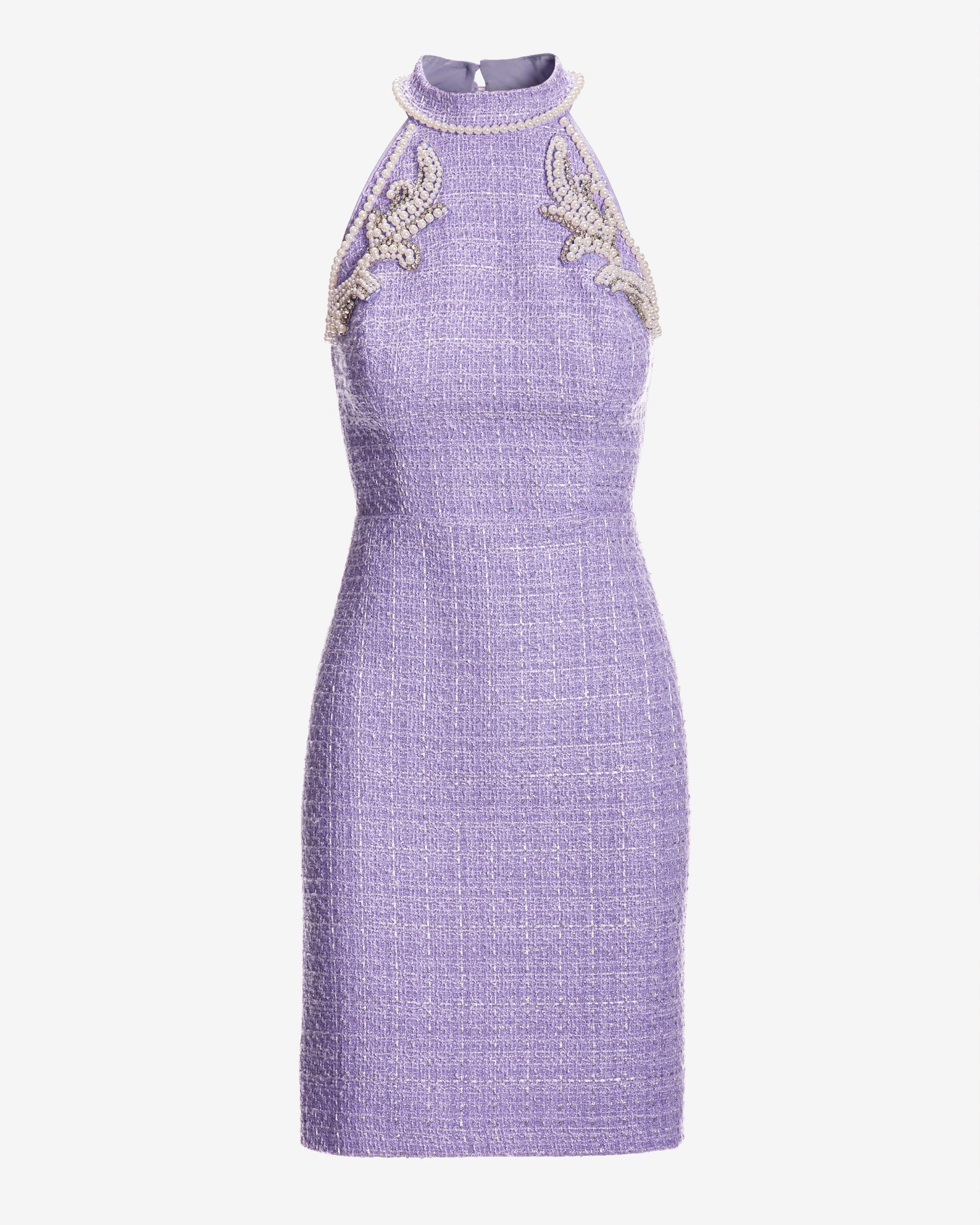 Pearl Embellished Tweed Mock Neck Sheath Dress Violet Tulip - Mycitystee