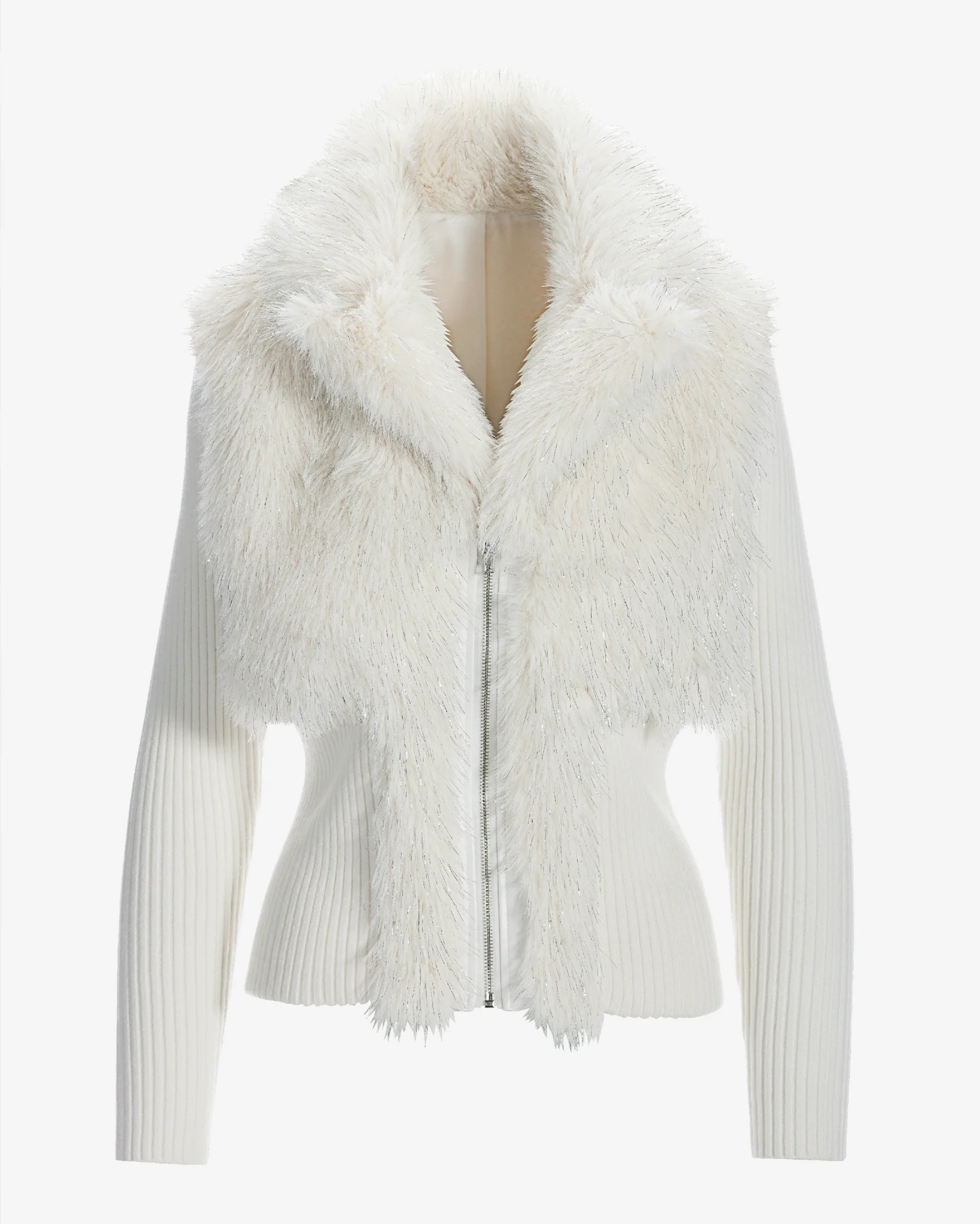 Metallic Faux Fur Zip Up Cardigan Off White - Mycitystee