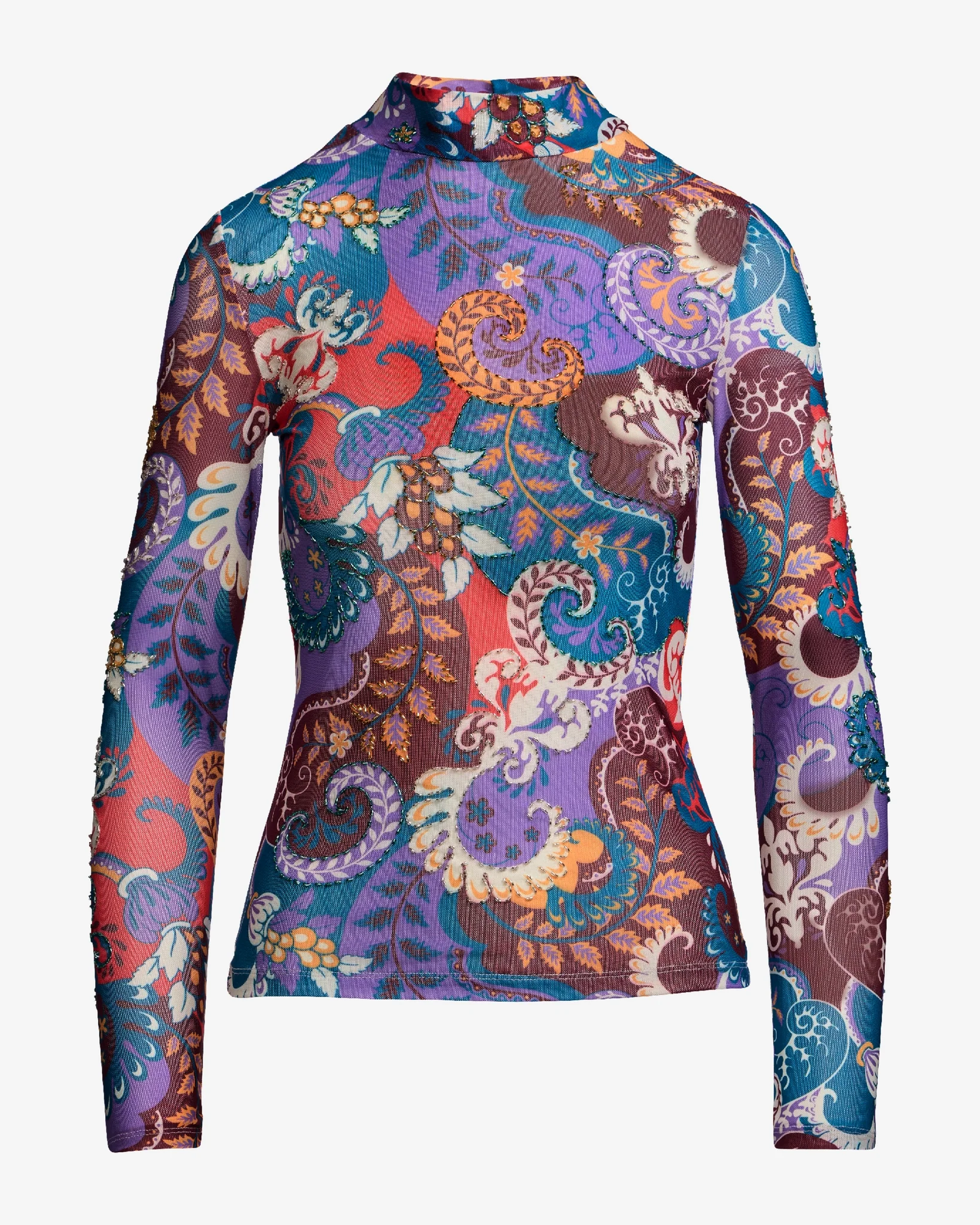 Mesh Print Beaded Turtleneck Central Park Paisley - Mycitystee
