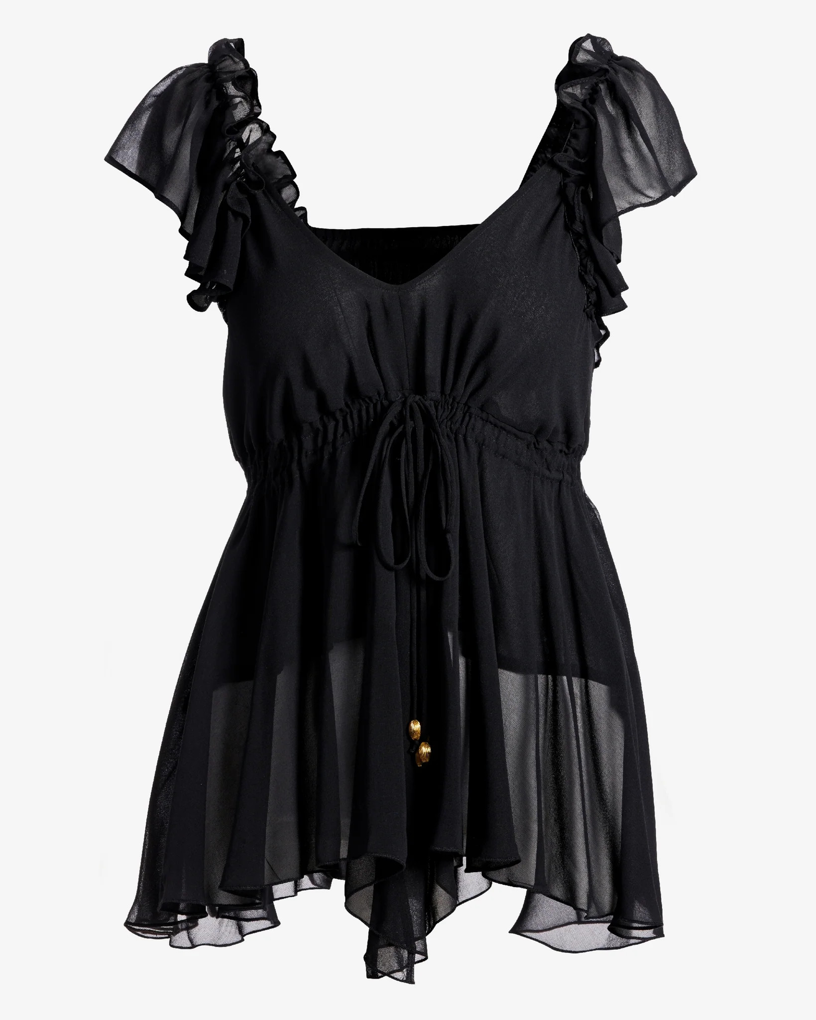 Ruffle Sleeve Tie Front Blouse Proper Black - Mycitystee