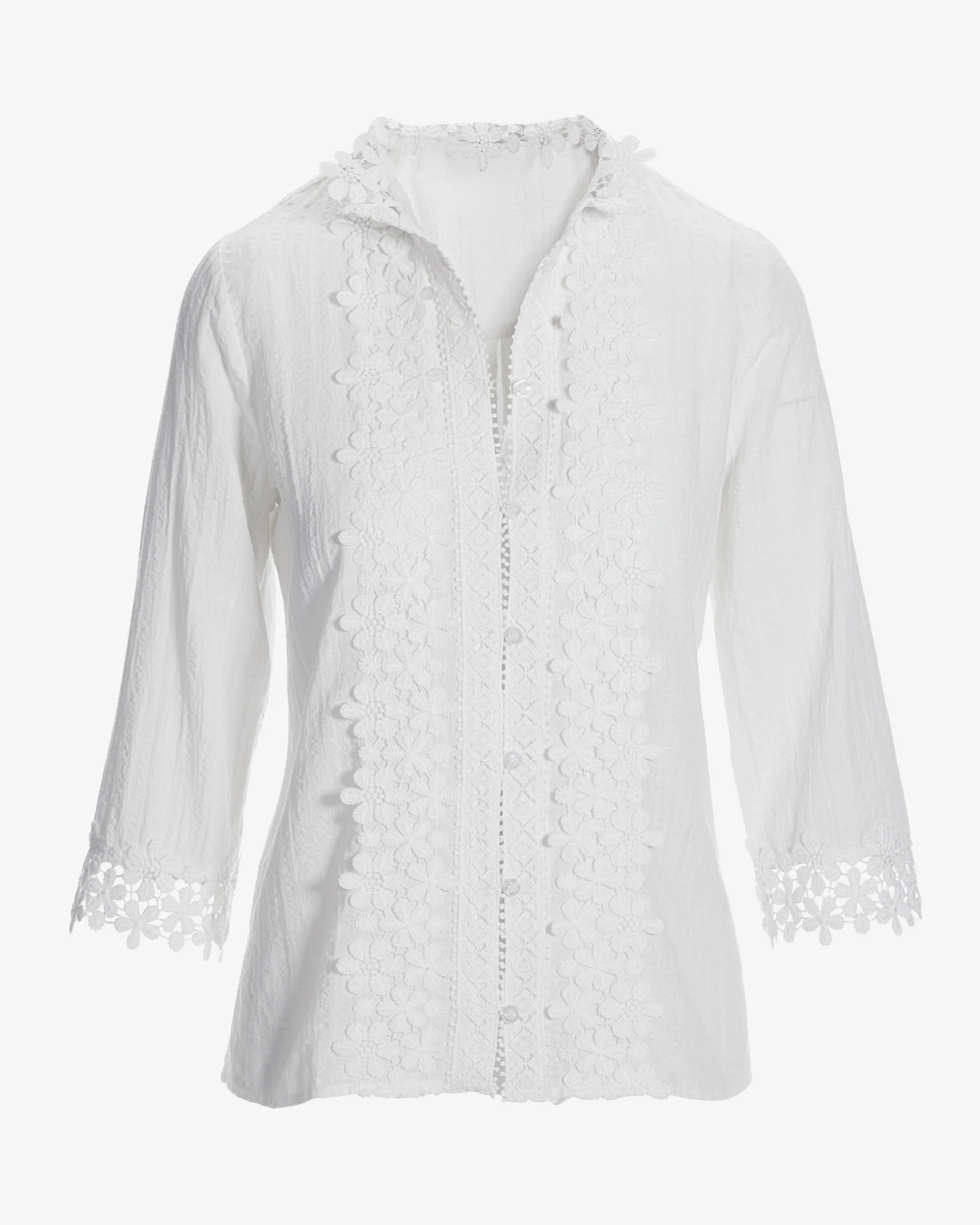 Floral Lace Button Up Cotton Shirt Off White - Mycitystee