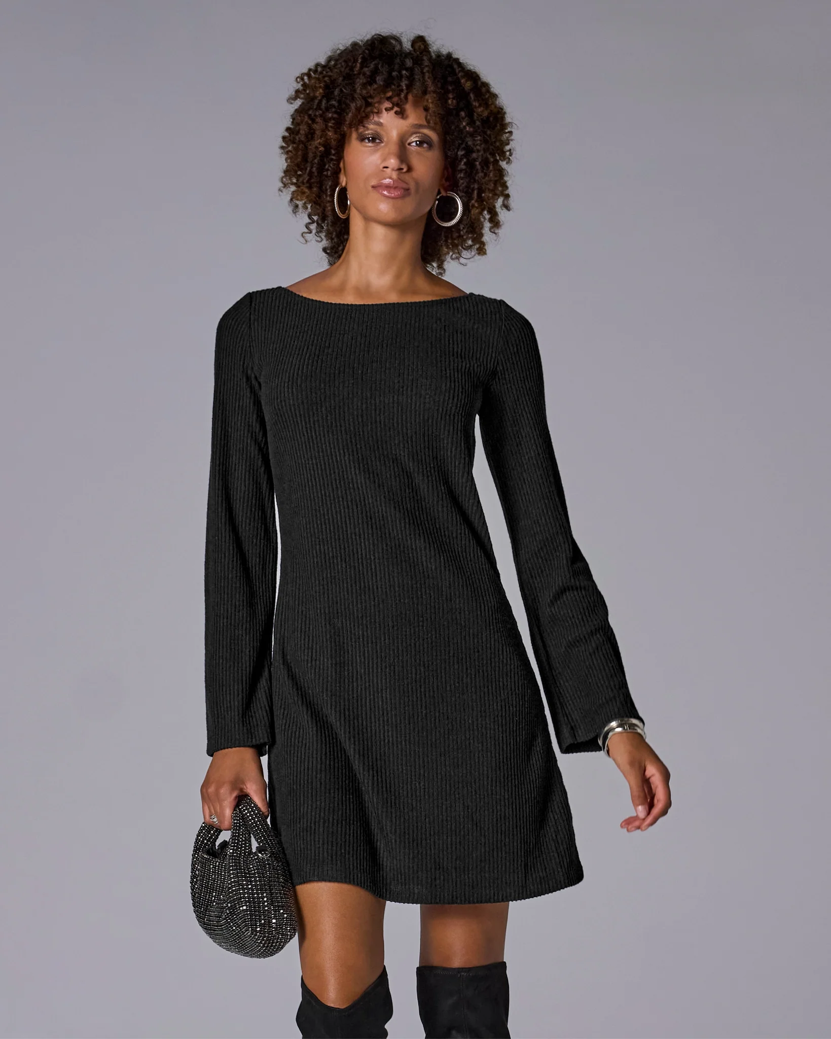 Ribbed Hacci Everyday A Line Dress Black - Mycitystee