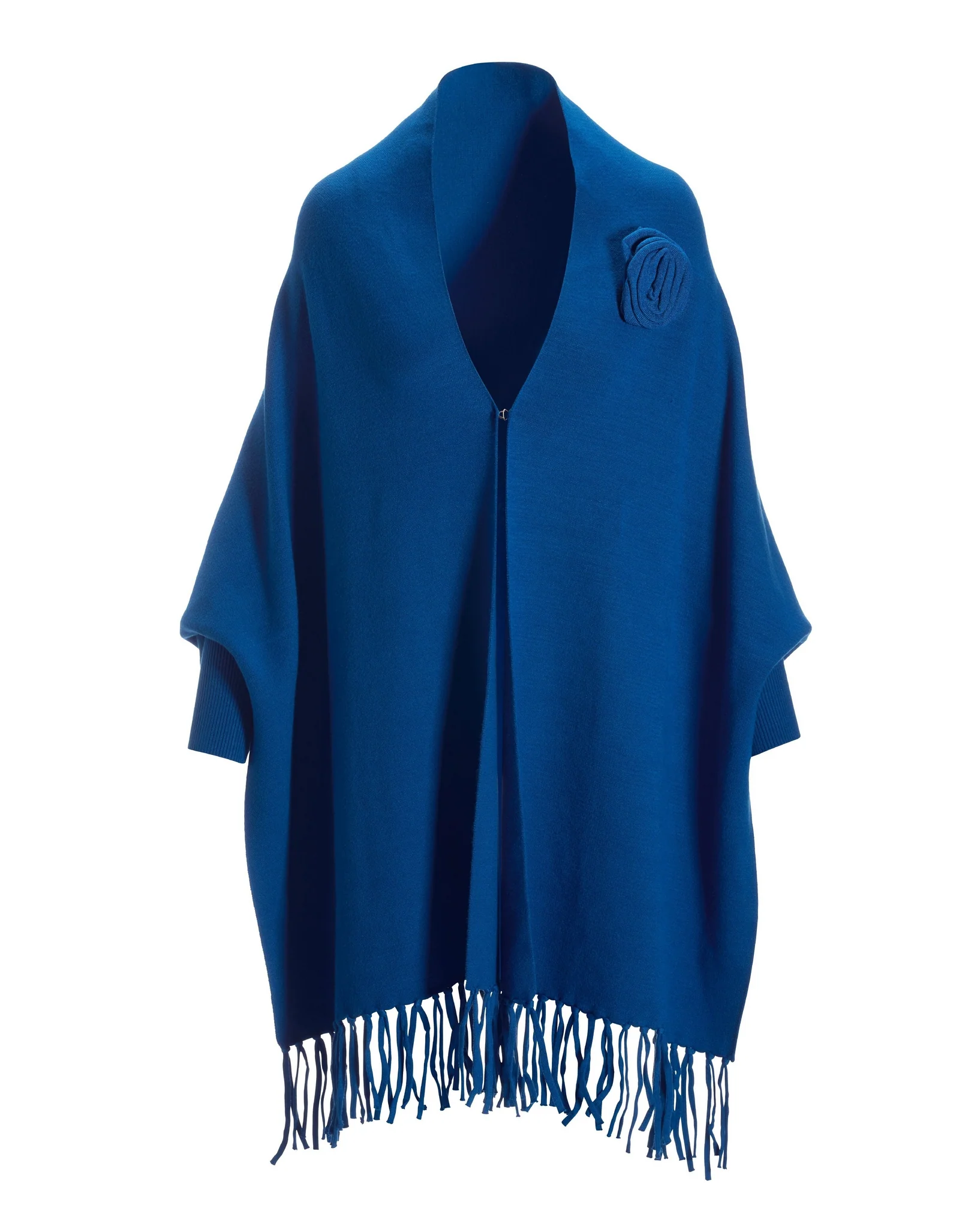 Rosette Brooch Fringe Poncho Classic Blue - Mycitystee
