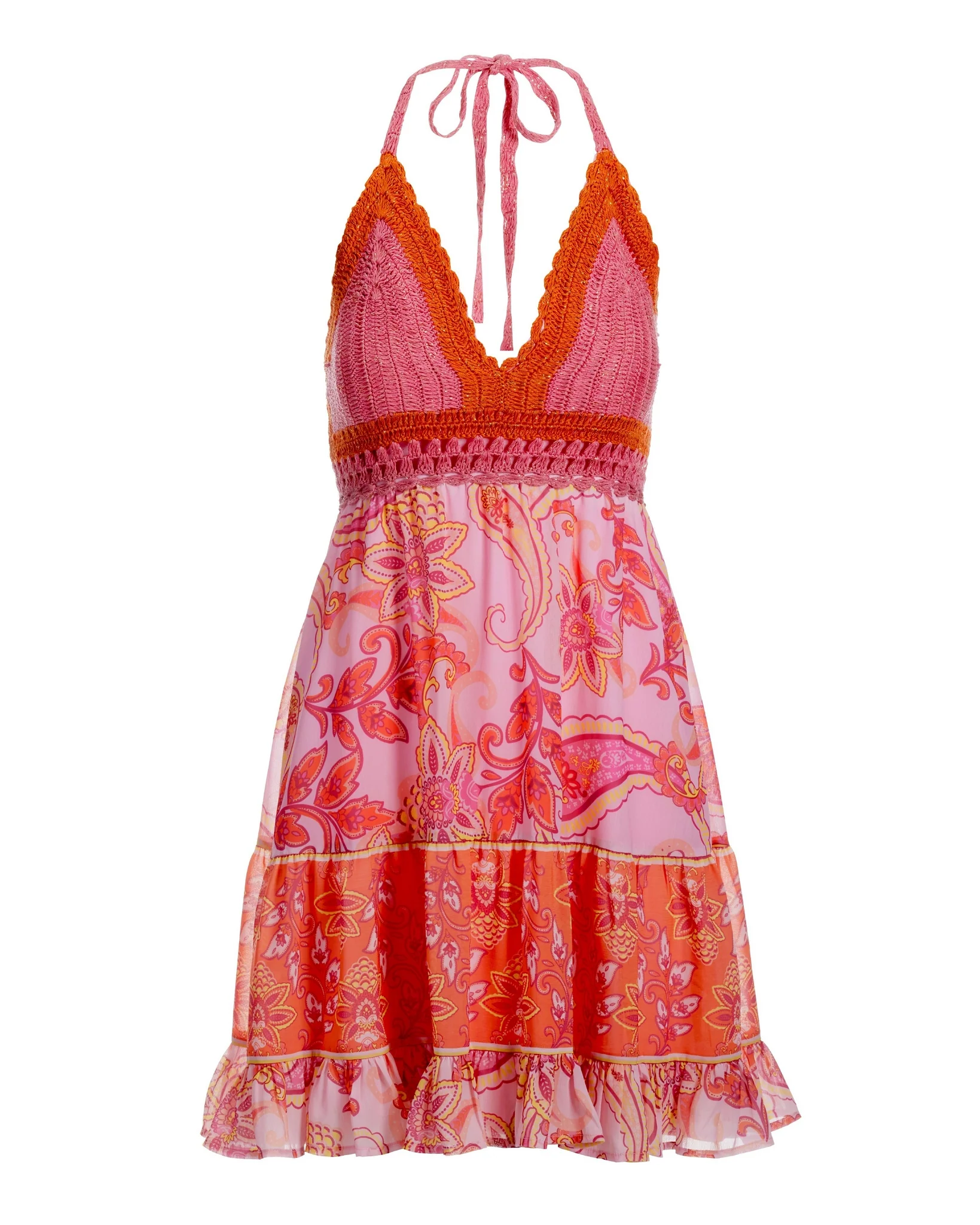 Montauk Paisley Print Crochet Halter Swing Dress Pink - Mycitystee