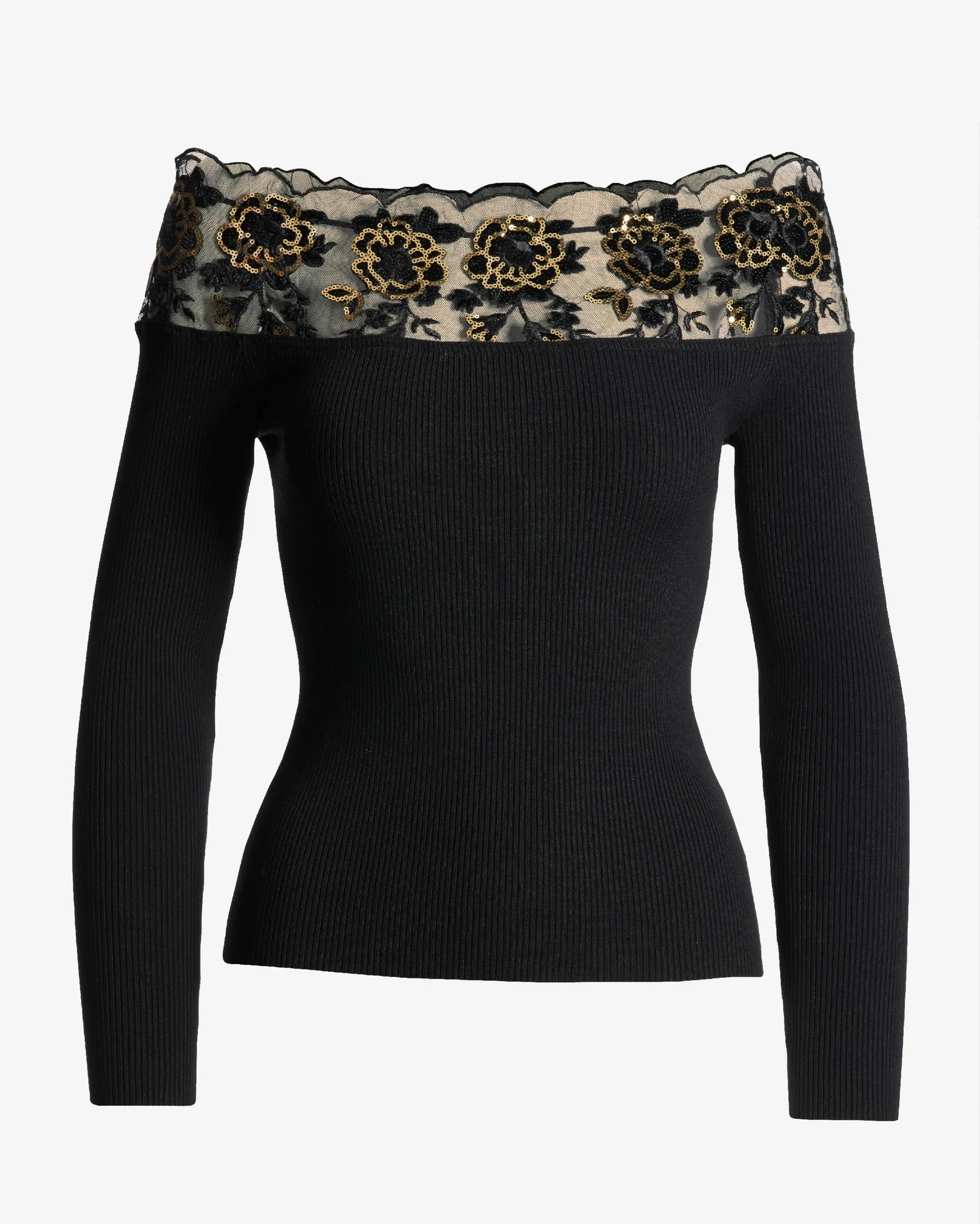 Sequin Lace Off the Shoulder Ribbed Sweater Black - Mycitystee