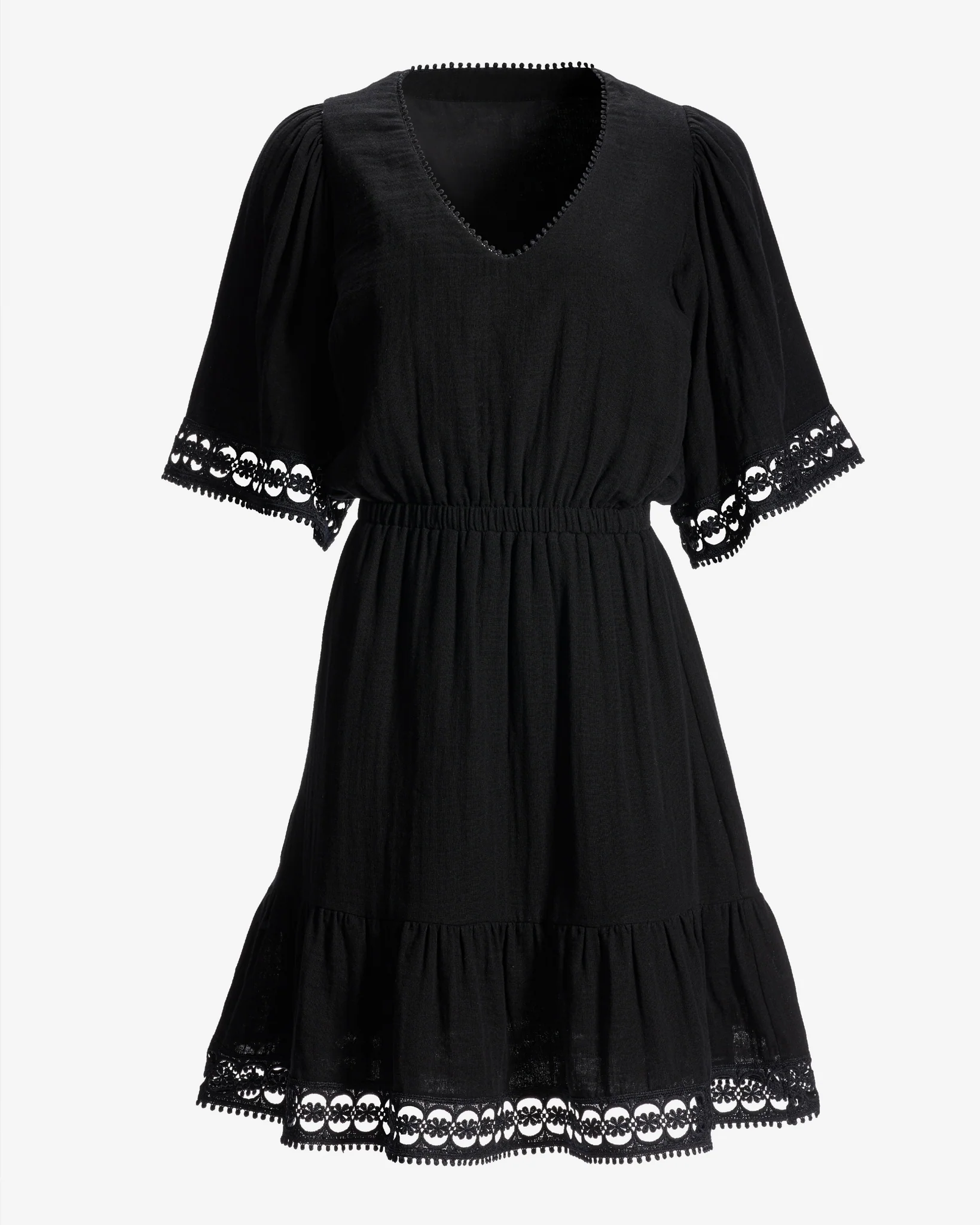Lace Trim Gauze A Line Dress Black - Mycitystee