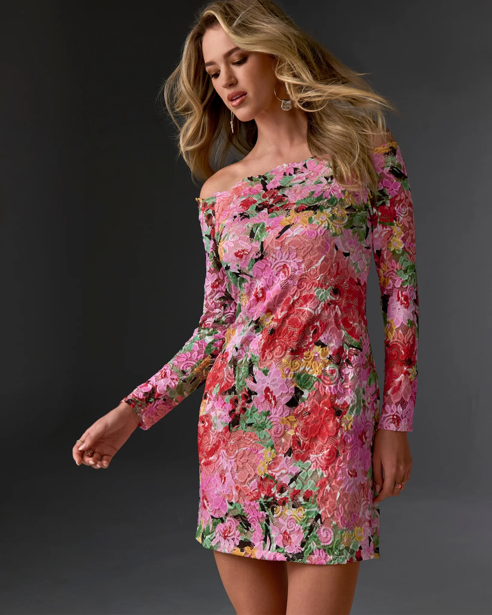 Shoulder Skimming Printed Stretch Lace Sheath Dress Pink Multi - Mycitystee