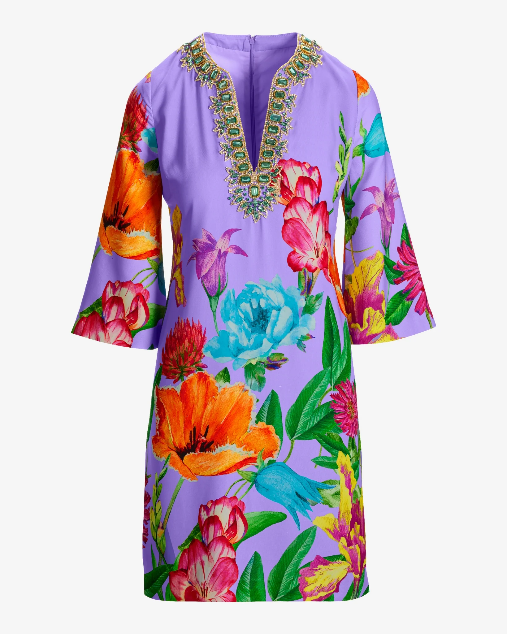Lavender Garden Print Gem Embellished Tunic Dress Lavender Garden - Mycitystee