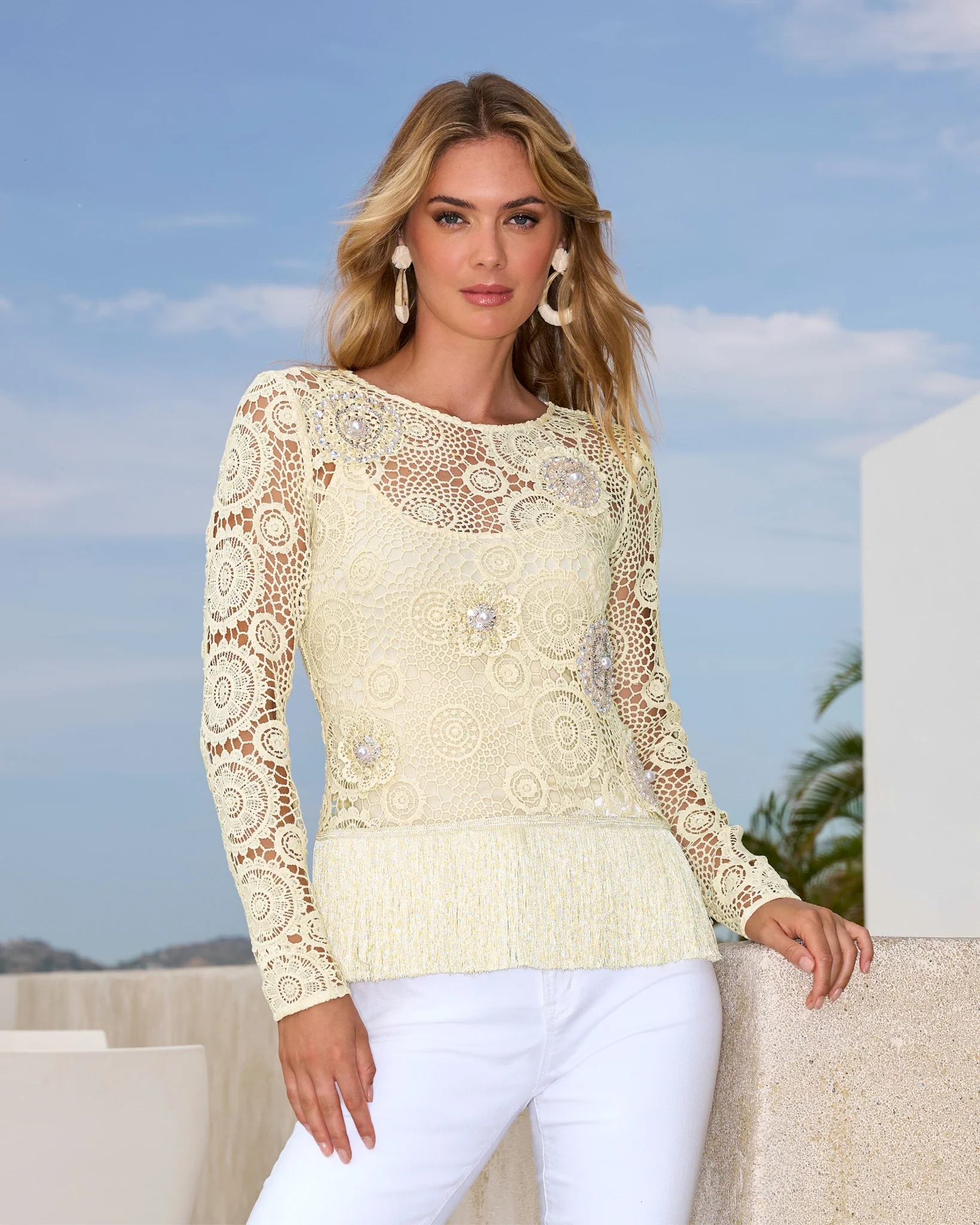 Embellished Crochet Fringe Pullover Natural - Mycitystee