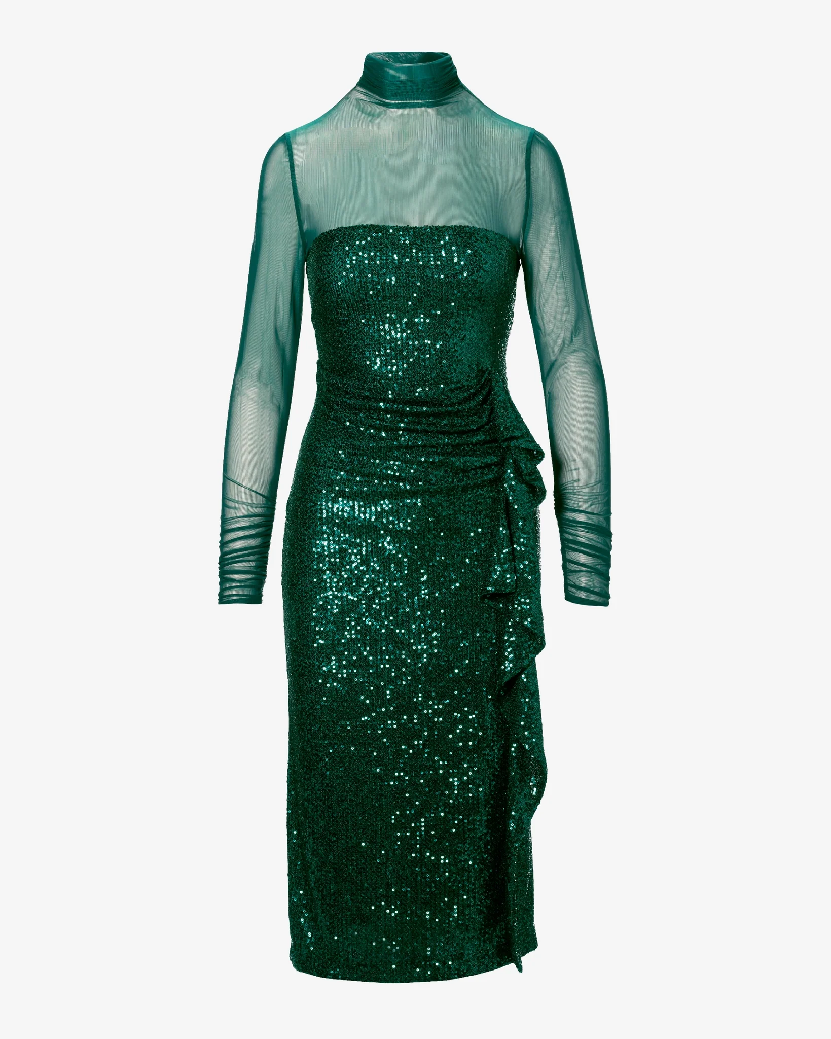 Mesh Long Sleeve Sequin Sheath Dress Deep Emerald - Mycitystee